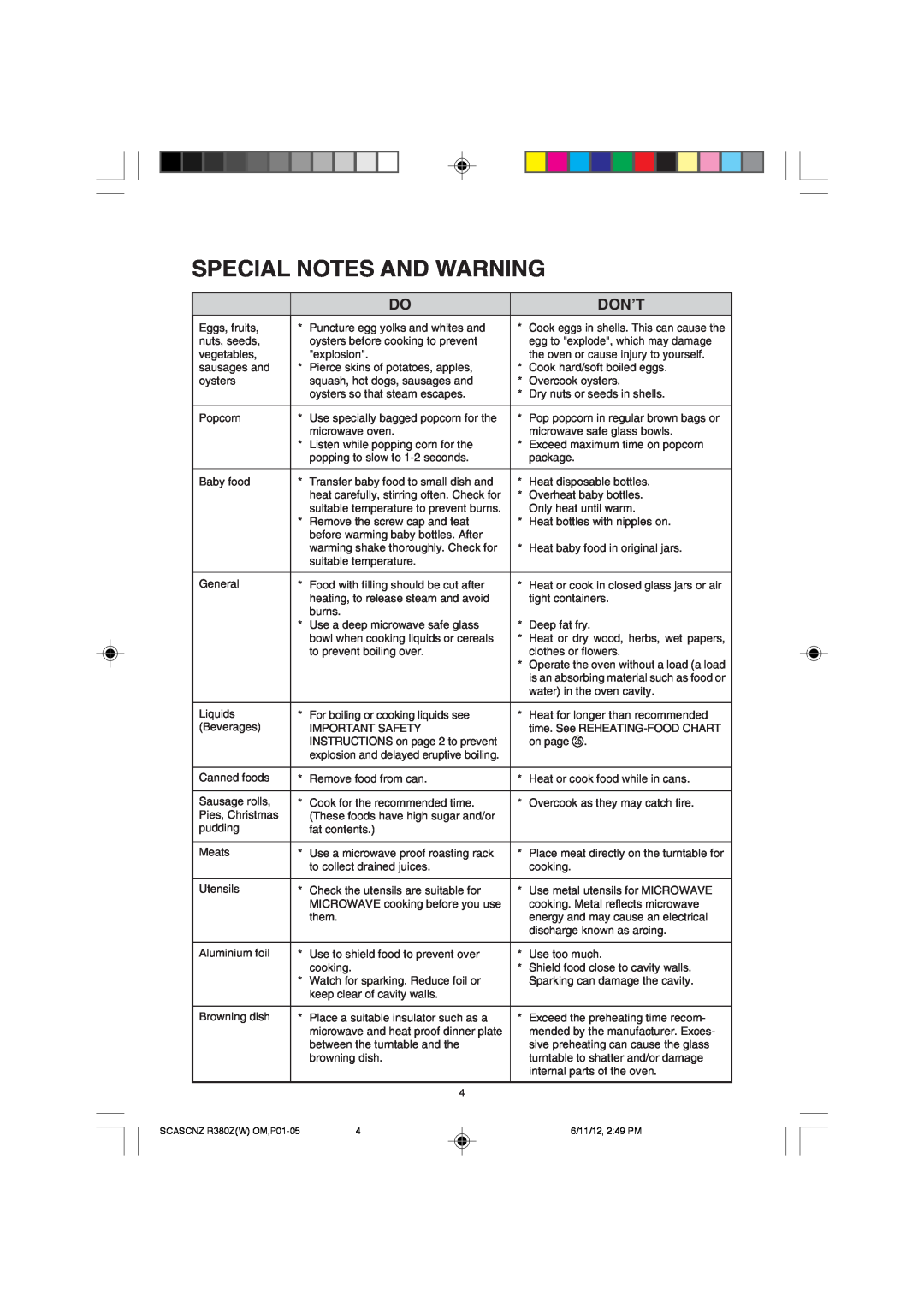Sharp R-380Z(W) operation manual Special Notes And Warning, Don’T 