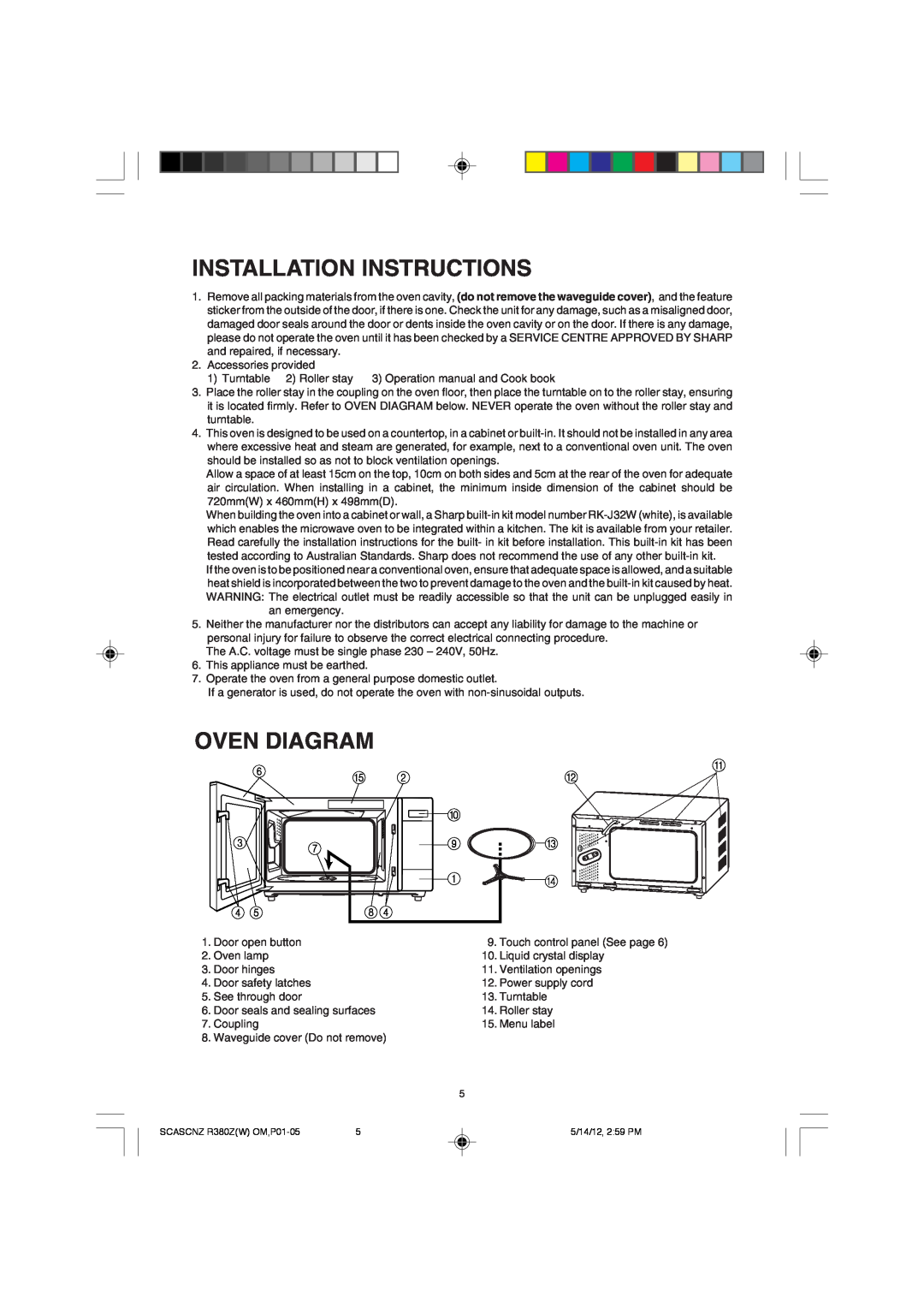 Sharp R-380Z(W) operation manual Installation Instructions, Oven Diagram, 9 C 1 D 
