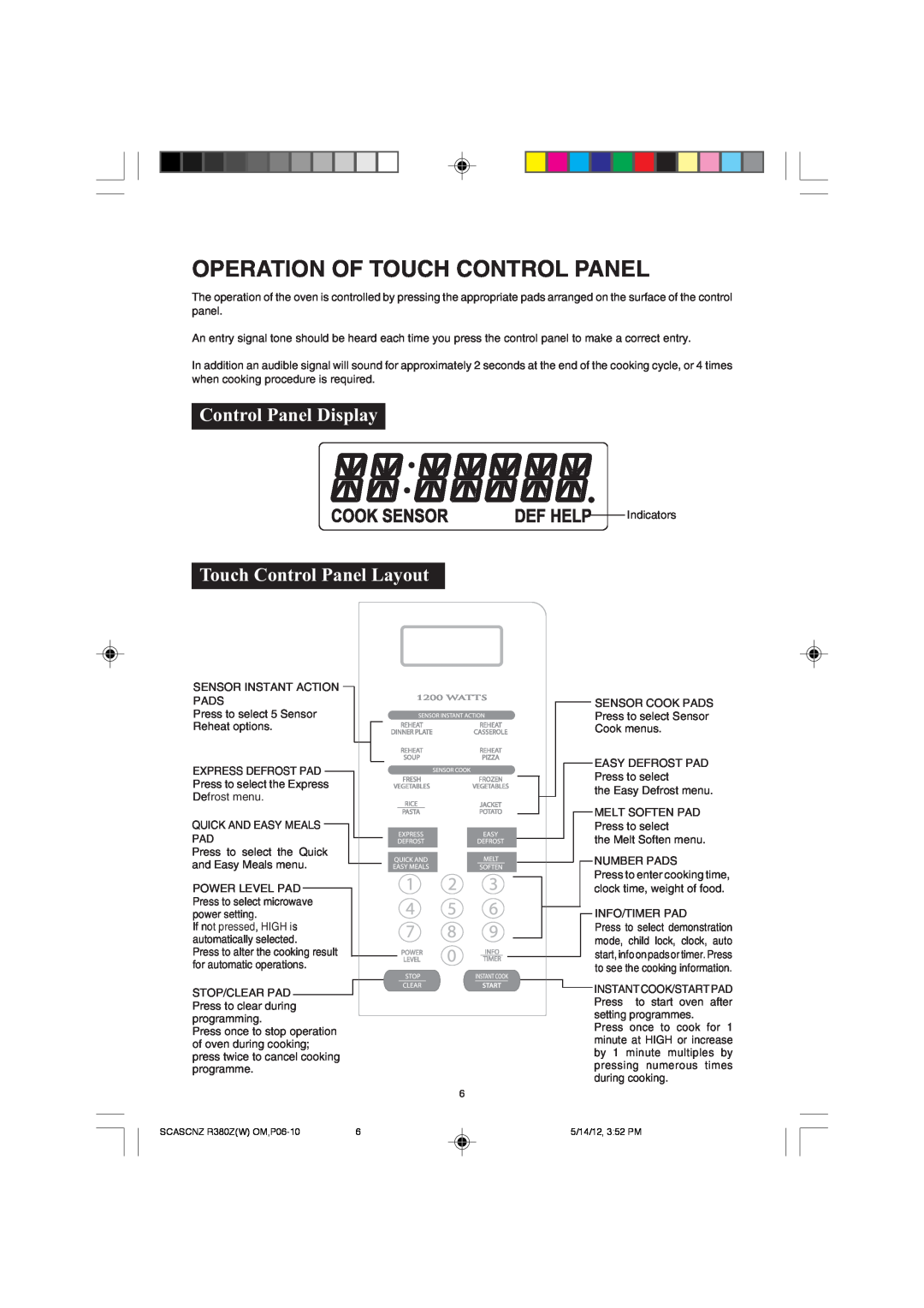 Sharp R-380Z(W) operation manual Operation Of Touch Control Panel, Control Panel Display, Touch Control Panel Layout 