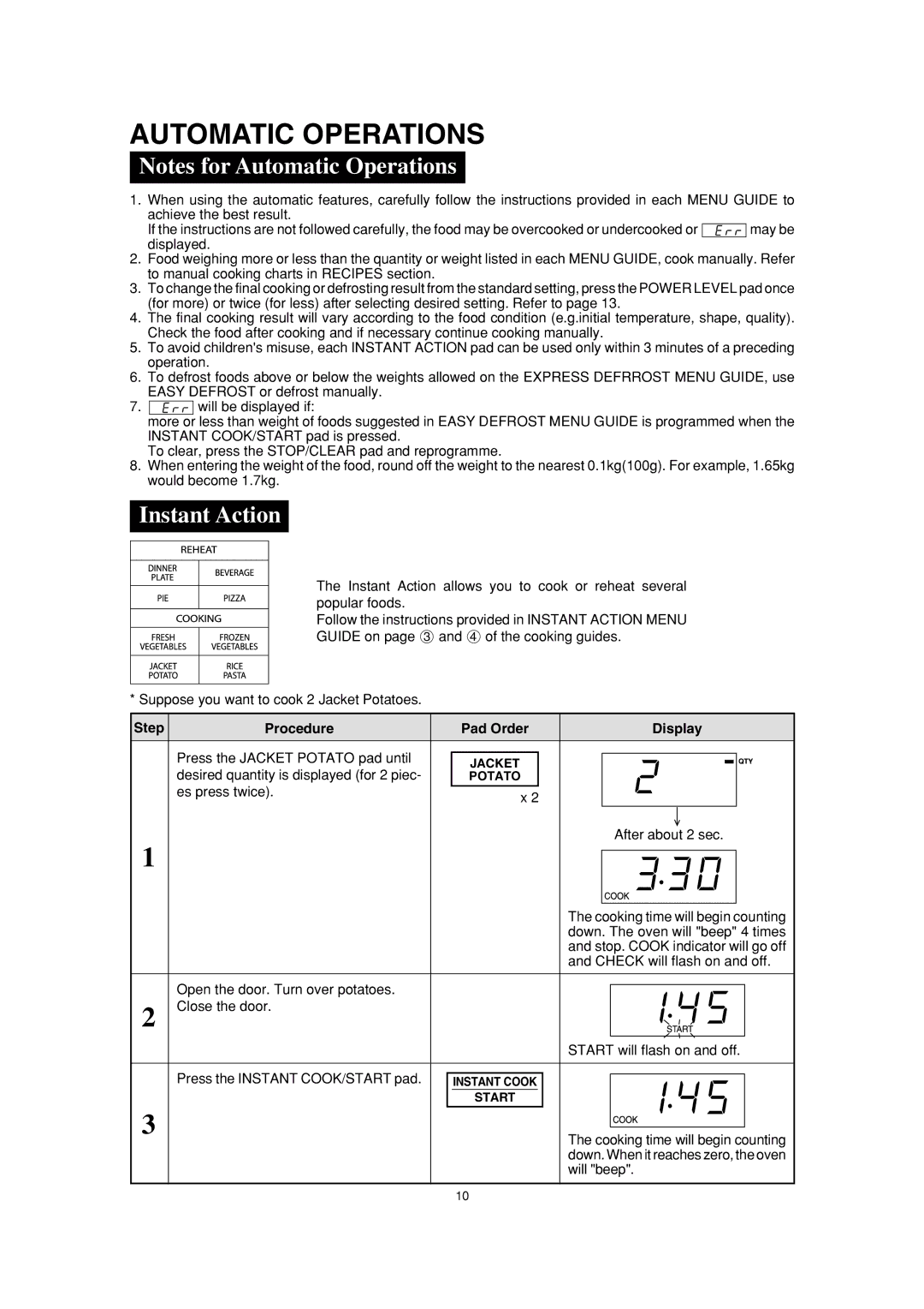 Sharp R-390H(S) operation manual Automatic Operations, Instant Action 