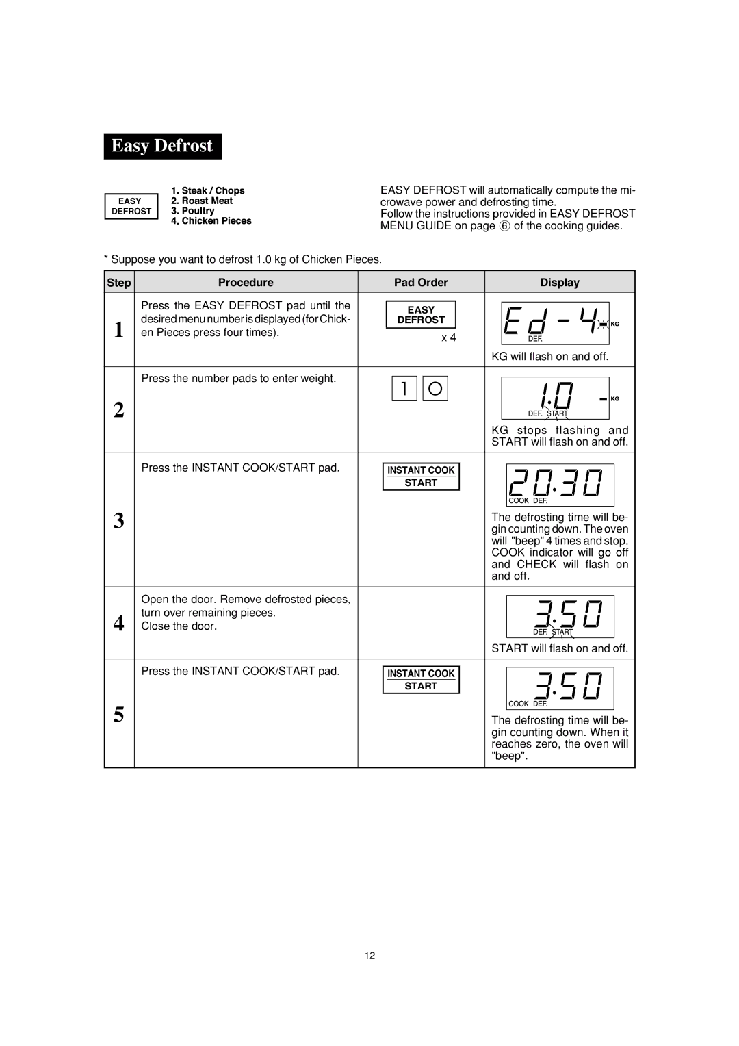 Sharp R-390H(S) operation manual Easy Defrost 