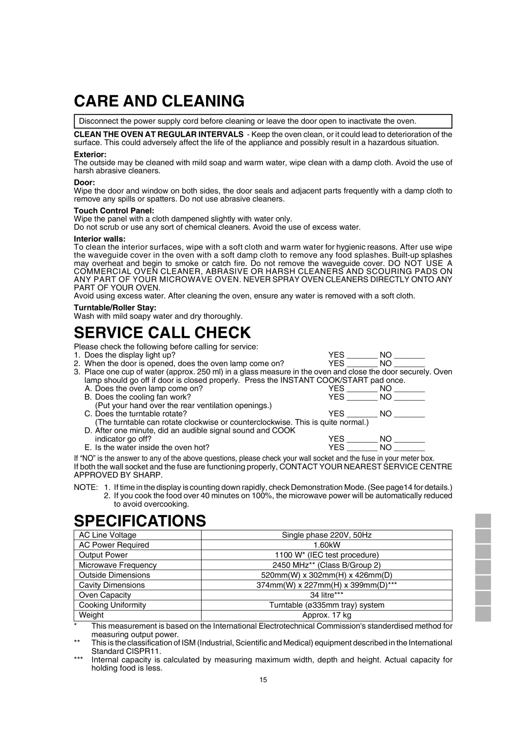 Sharp R-390H(S) operation manual Care and Cleaning, Service Call Check, Specifications 