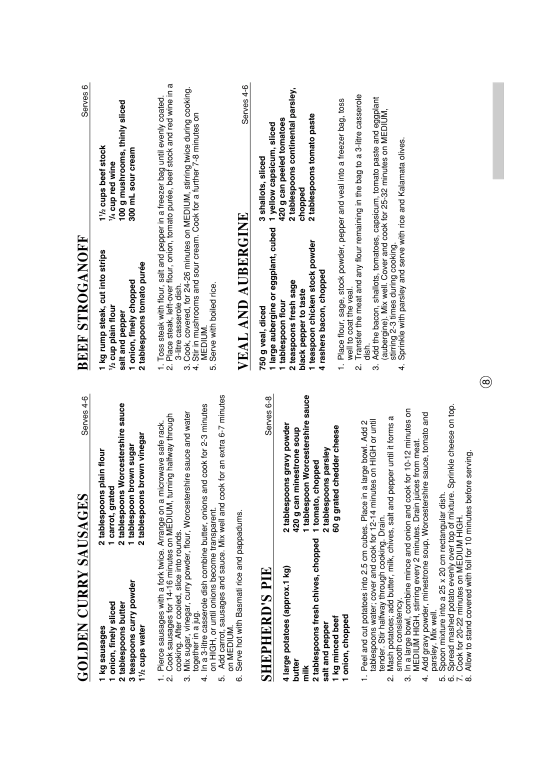 Sharp R-390H(S) operation manual Golden Curry Sausages, Shepherds PIE, Beef Stroganoff, Veal and Aubergine, Serves 