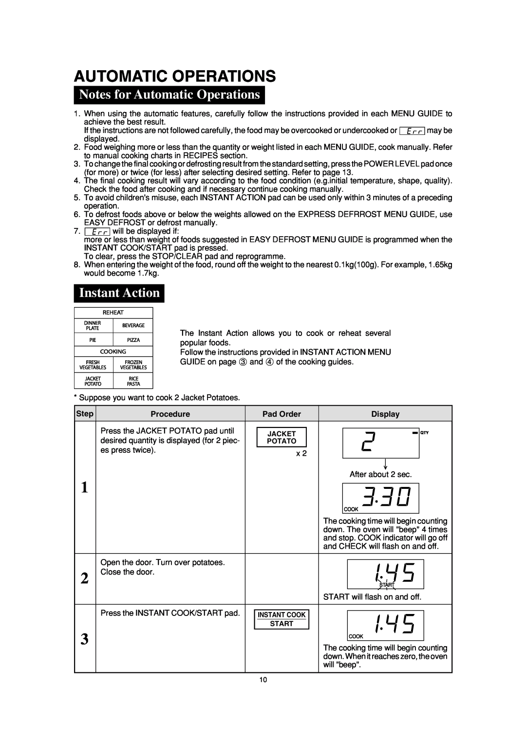 Sharp R-390H(S) operation manual Notes for Automatic Operations, Instant Action 