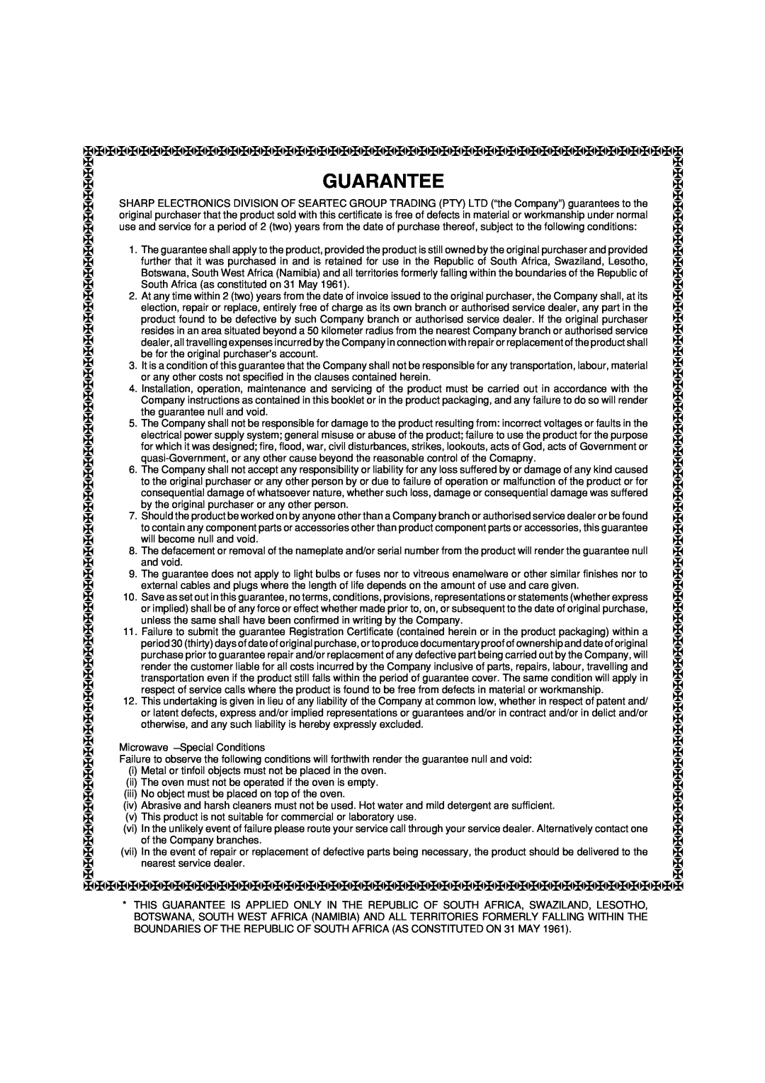 Sharp R-390H(S) operation manual Guarantee 