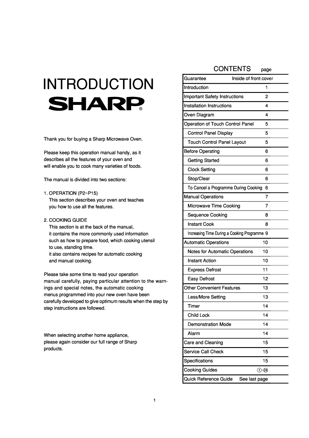 Sharp R-390H(S) operation manual Introduction, Contents 