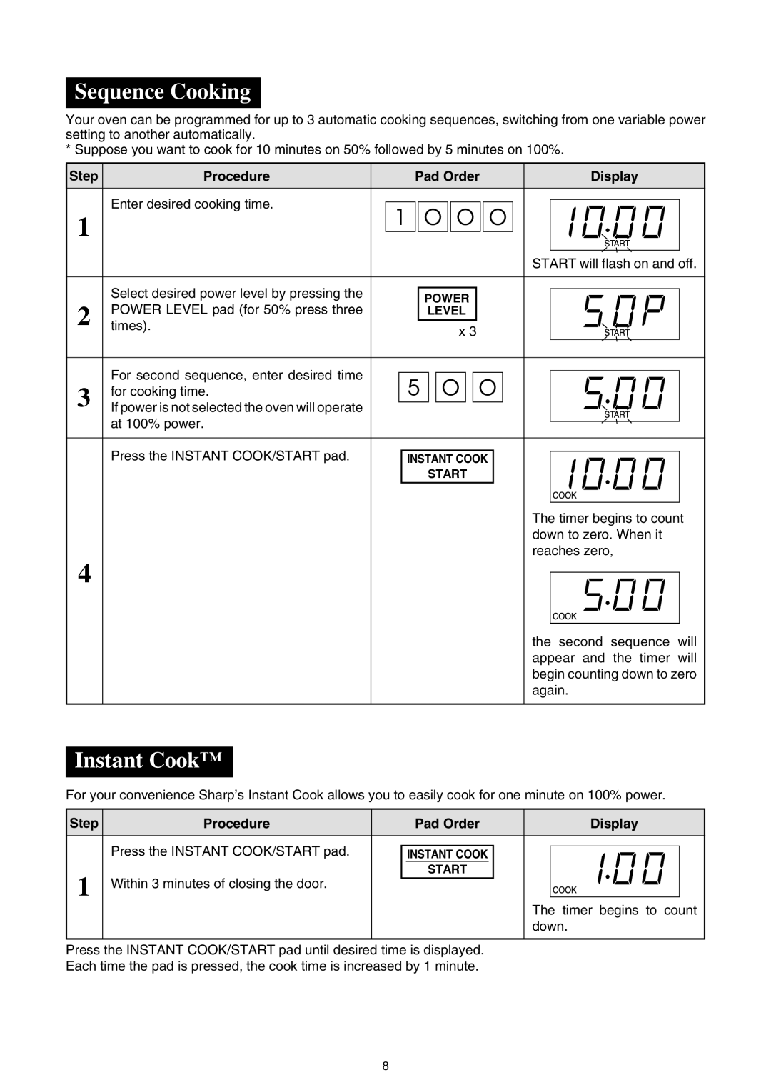 Sharp R-395F(S) Sequence Cooking, Instant Cook, Within 3 minutes of closing the door, Timer begins to count, Down 