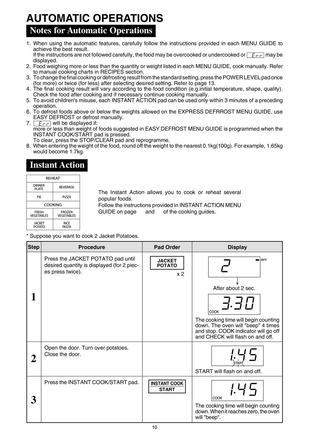 Sharp R-395F(S), R-330F J operation manual Automatic Operations, Instant Action 