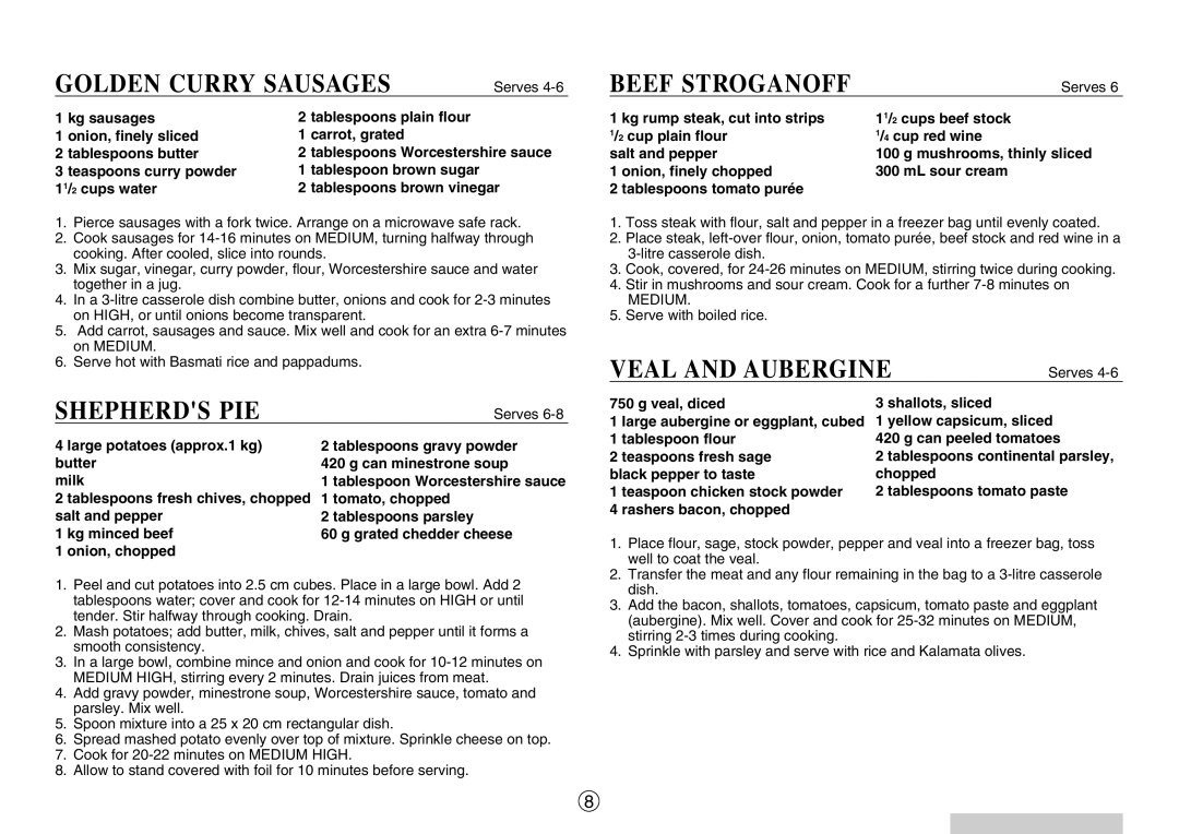 Sharp R-395F(S), R-330F J operation manual Golden Curry Sausages, Shepherds PIE, Beef Stroganoff, Veal and Aubergine, Serves 