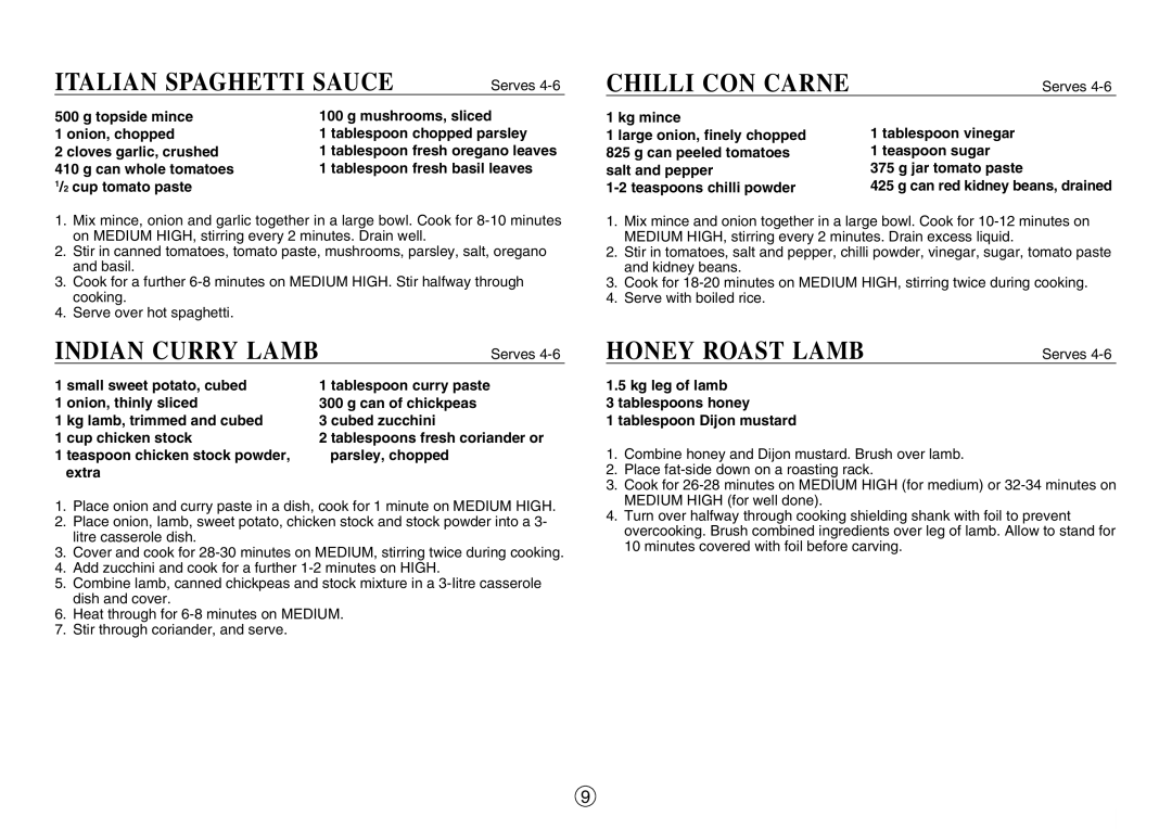 Sharp R-330F J, R-395F(S) operation manual Italian Spaghetti Sauce, Indian Curry Lamb, Chilli CON Carne, Honey Roast Lamb 