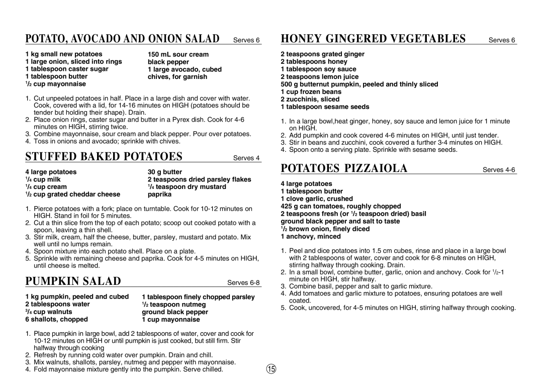 Sharp R-330F J, R-395F(S) operation manual Stuffed Baked Potatoes, Pumpkin Salad, Potatoes Pizzaiola 