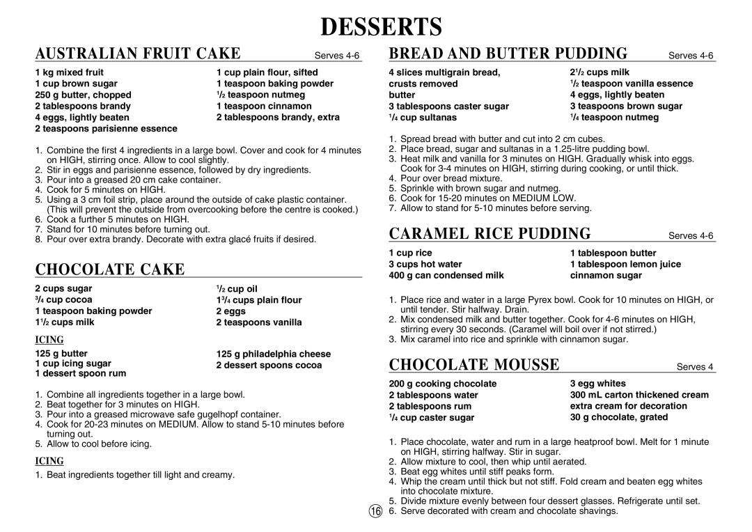 Sharp R-395F(S) Australian Fruit Cake, Chocolate Cake, Bread and Butter Pudding, Caramel Rice Pudding, Chocolate Mousse 