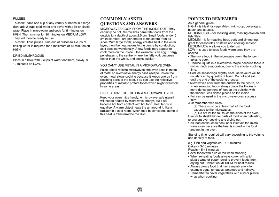 Sharp R-330F J, R-395F(S) operation manual Commonly Asked Questions and Answers, Points to Remember 