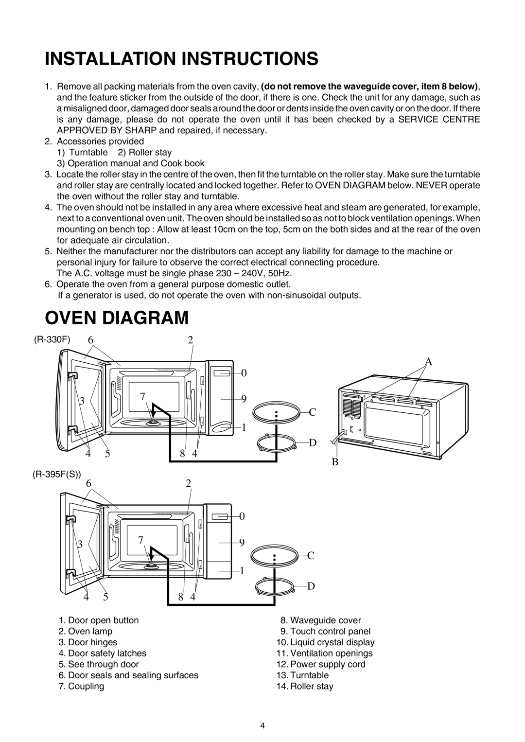 Sharp R-395F(S), R-330F J operation manual Installation Instructions, Oven Diagram 