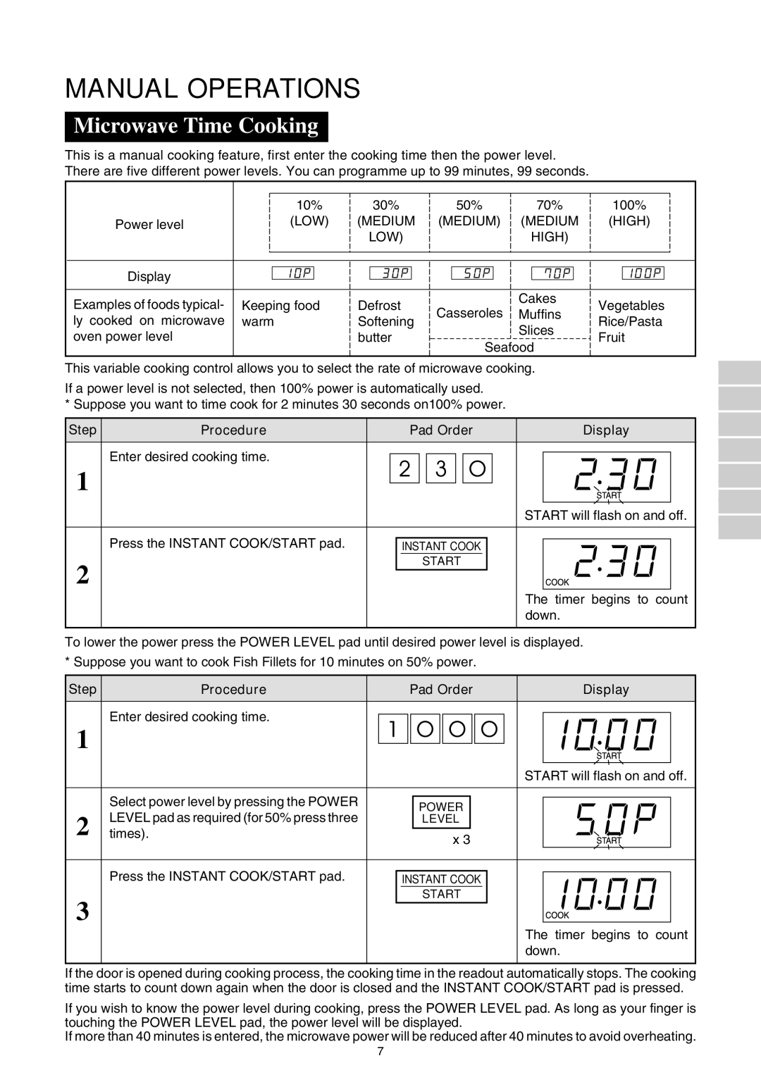 Sharp R-330F J, R-395F(S) operation manual Manual Operations, Microwave Time Cooking, Press the Instant COOK/START pad 