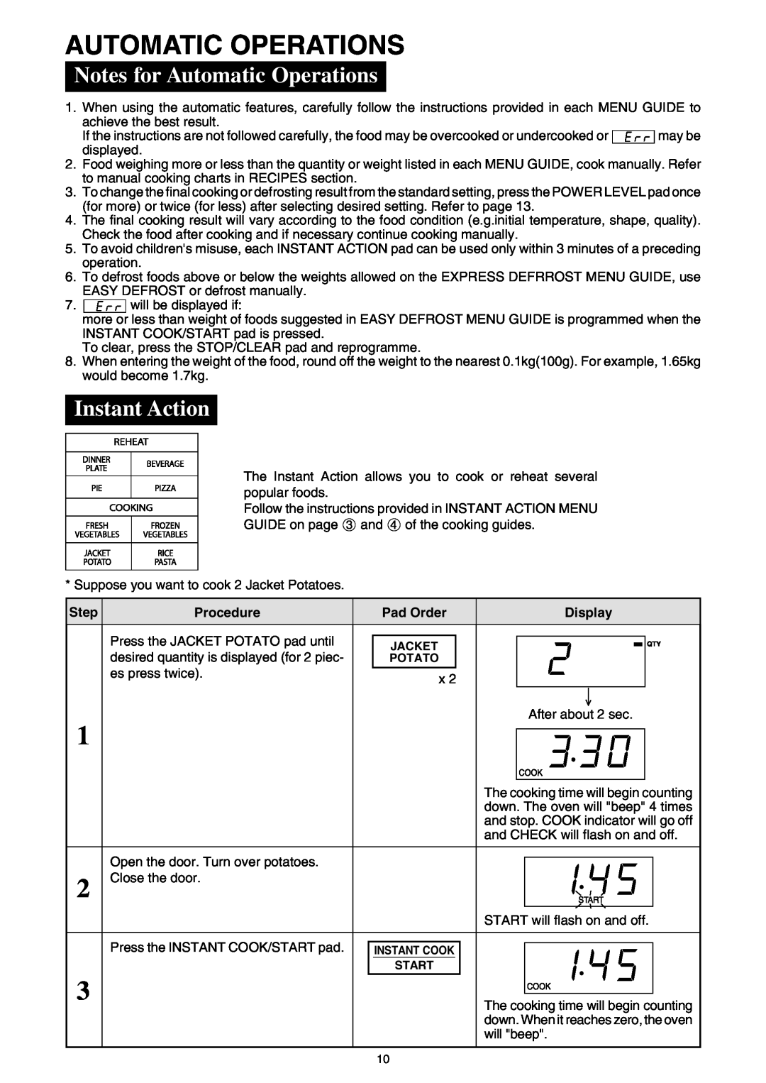Sharp R-395F(S), R-330F J operation manual Notes for Automatic Operations, Instant Action 
