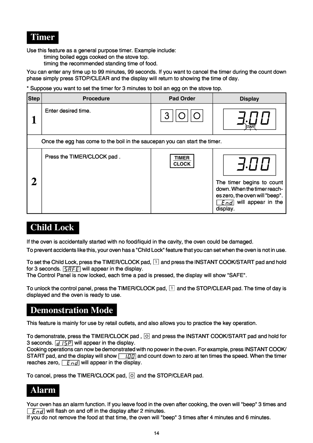 Sharp R-395F(S), R-330F J operation manual Timer, Child Lock, Demonstration Mode, Alarm 