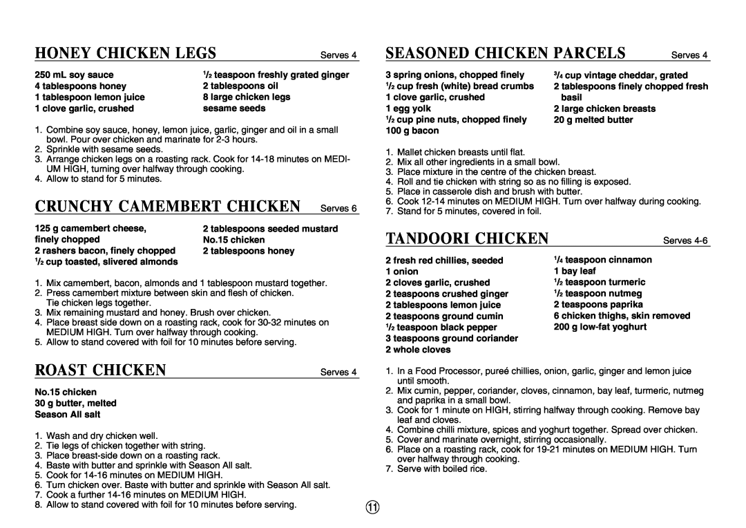 Sharp R-330F J Honey Chicken Legs, Serves 4 SEASONED CHICKEN PARCELS, CRUNCHY CAMEMBERT CHICKEN Serves, Roast Chicken 