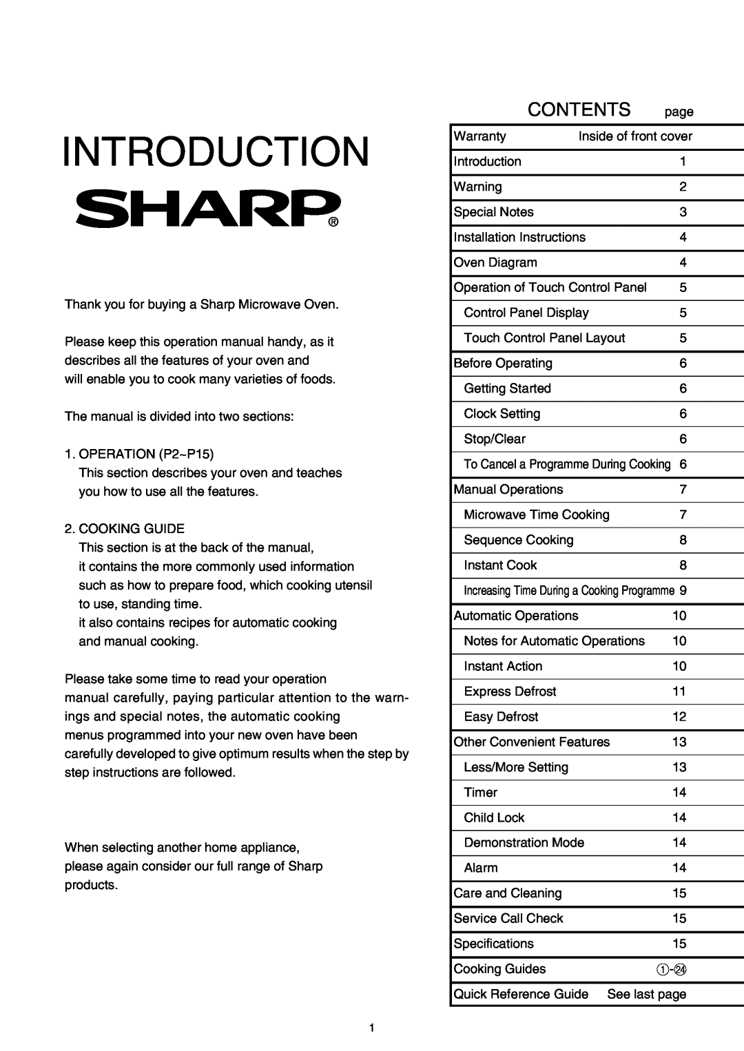 Sharp R-330F J, R-395F(S) operation manual Introduction, Contents 