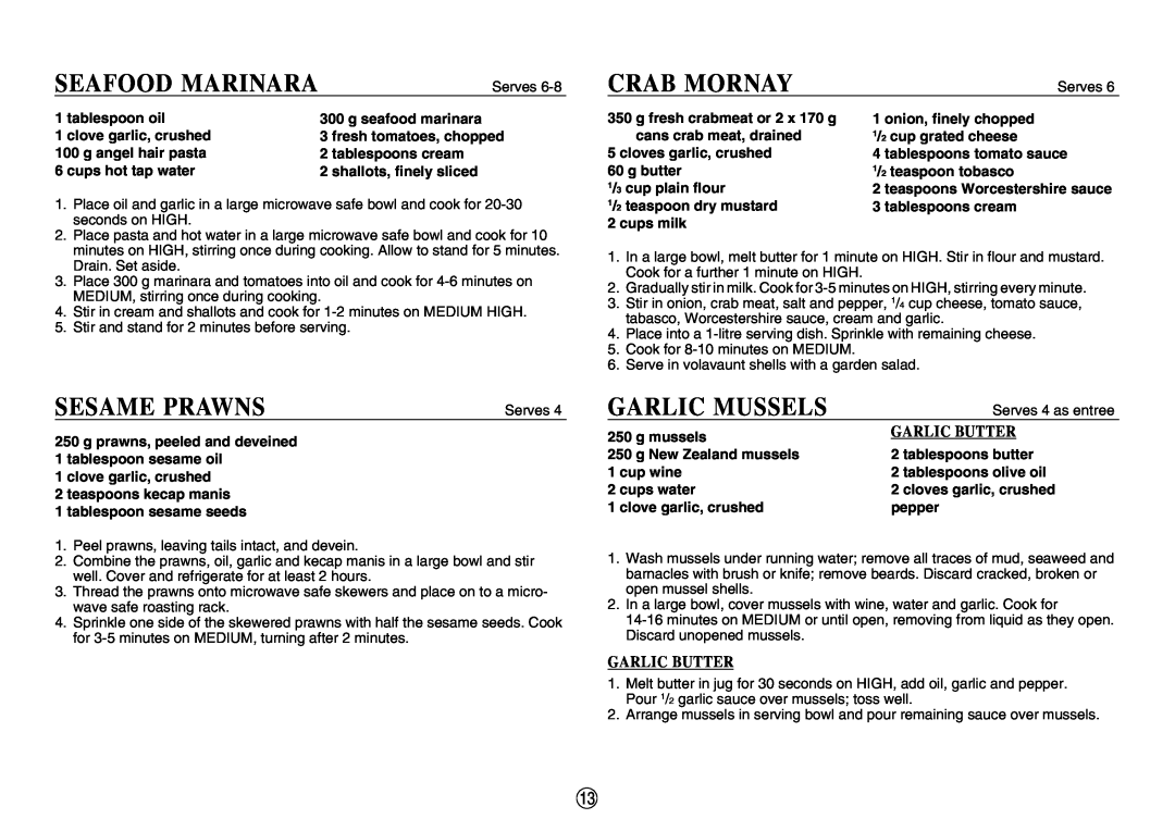 Sharp R-330F J, R-395F(S) operation manual Seafood Marinara, Sesame Prawns, Crab Mornay, Garlic Mussels, Garlic Butter 