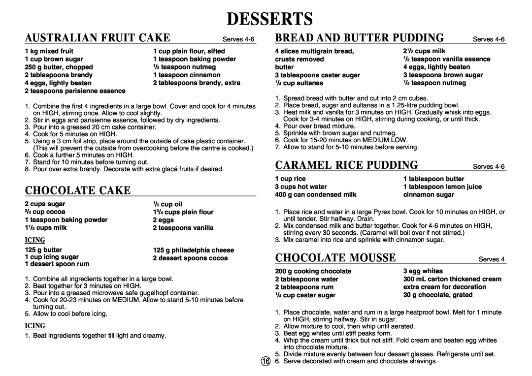 Sharp R-395F(S) Desserts, Australian Fruit Cake, Chocolate Cake, Bread And Butter Pudding, Caramel Rice Pudding, Icing 