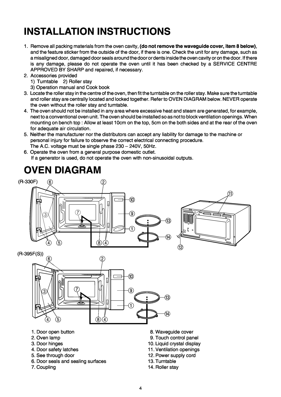 Sharp R-395F(S), R-330F J operation manual Installation Instructions, Oven Diagram, A C D B 