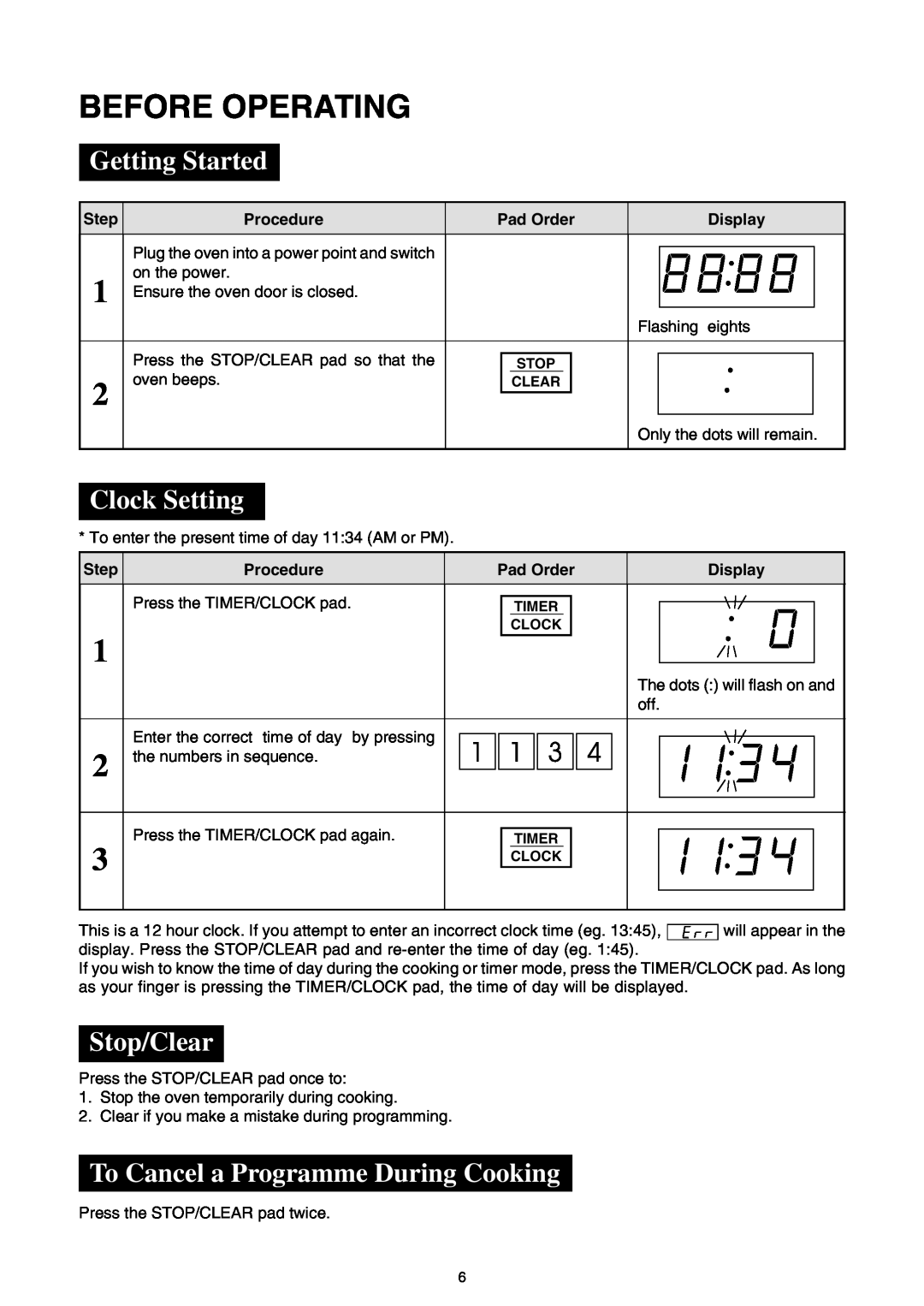 Sharp R-395F(S) Before Operating, Getting Started, Clock Setting, Stop/Clear, To Cancel a Programme During Cooking 