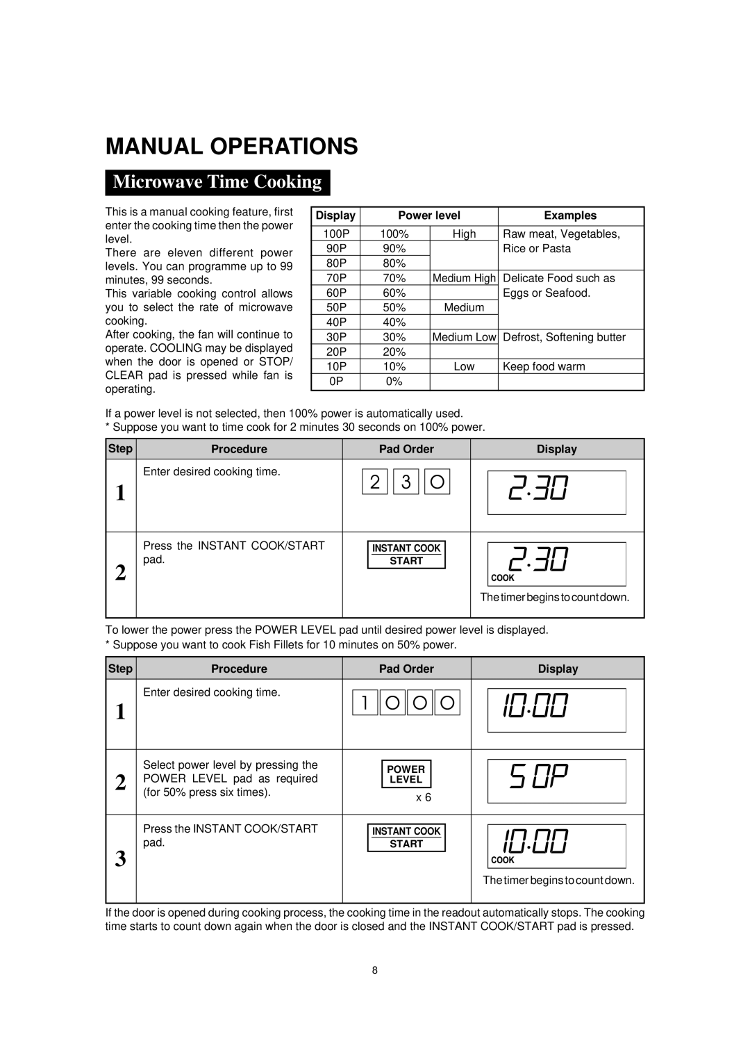 Sharp R-395Y(S) Manual Operations, Microwave Time Cooking, Display Power level Examples, Step Procedure Pad Order Display 