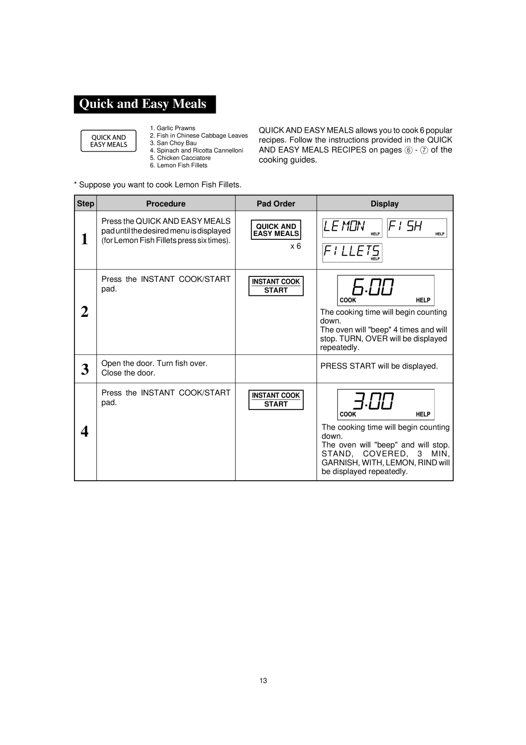 Sharp R395Y O/M, R-395Y(S) operation manual Quick and Easy Meals, Stand COVERED, 3 MIN 