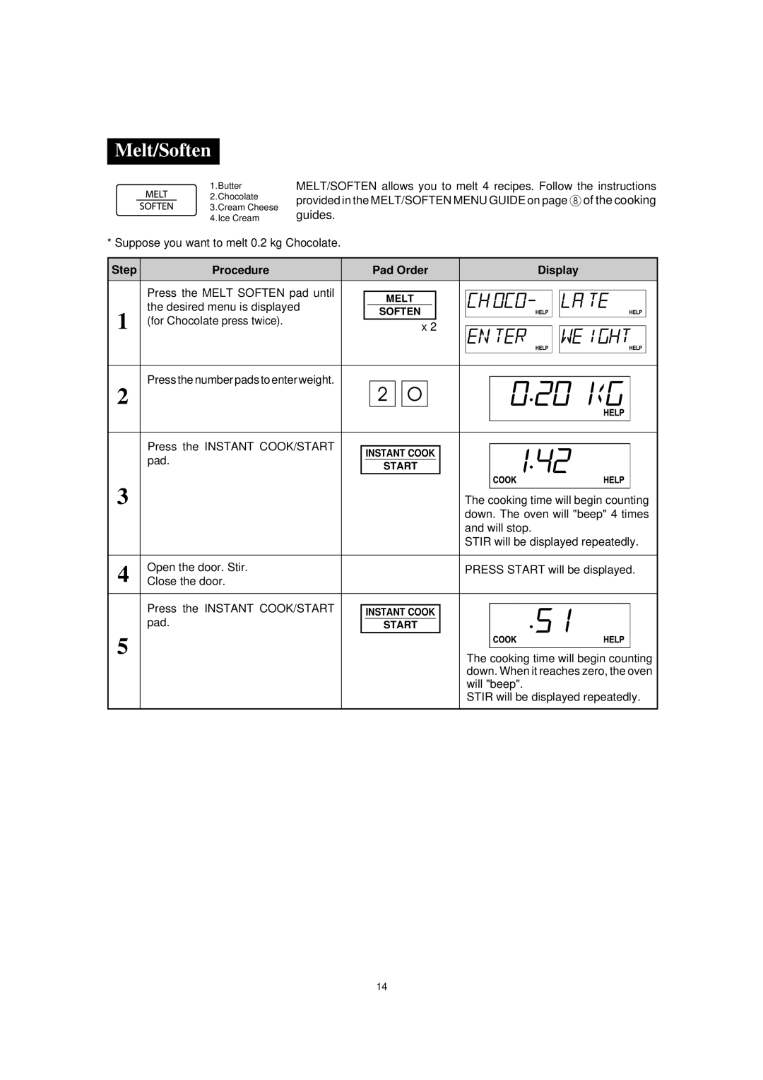 Sharp R-395Y(S), R395Y O/M operation manual Melt/Soften, Desired menu is displayed, For Chocolate press twice 