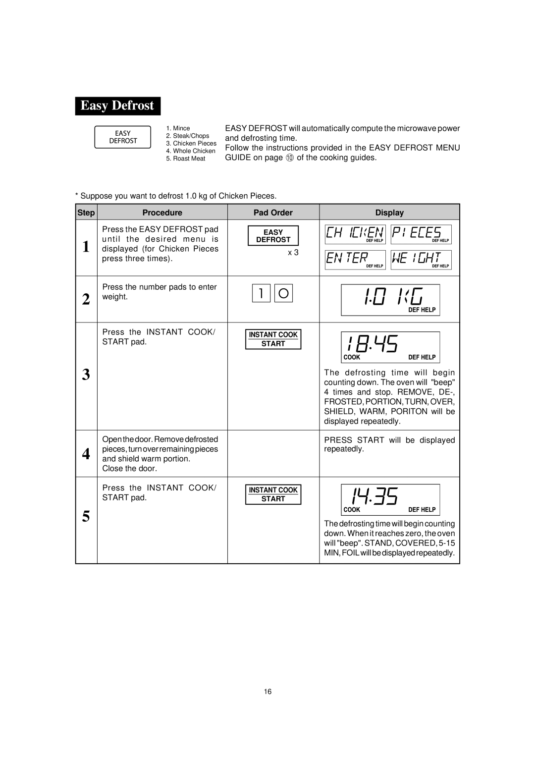 Sharp R-395Y(S), R395Y O/M operation manual Easy Defrost, FROSTED, PORTION, TURN, Over 