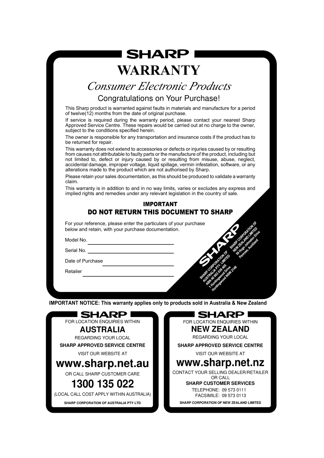 Sharp R-395Y(S), R395Y O/M operation manual Warranty 