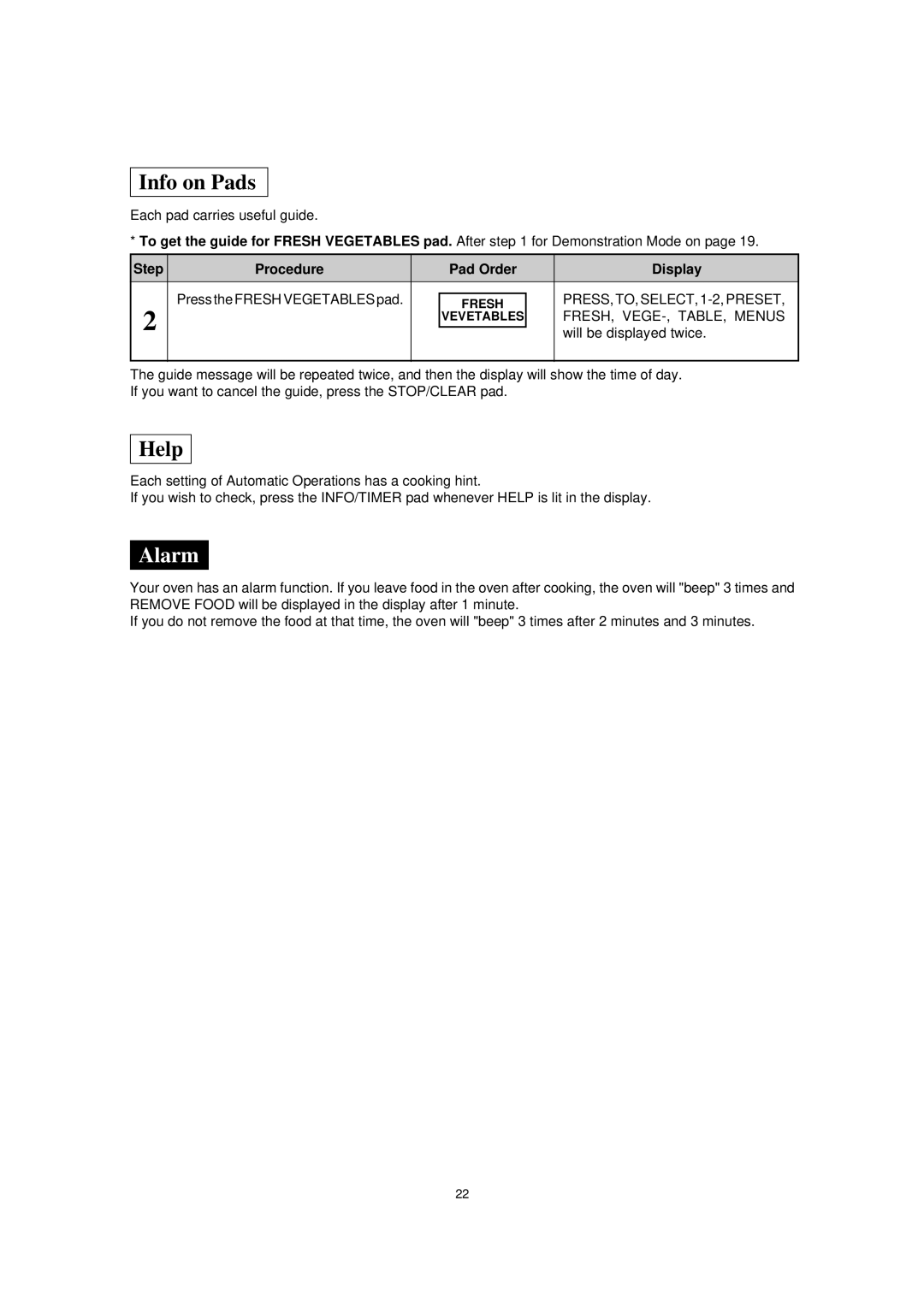 Sharp R-395Y(S), R395Y O/M operation manual Info on Pads, Help, PRESS, TO, SELECT, 1-2, Preset, FRESH, VEGE-, TABLE, Menus 