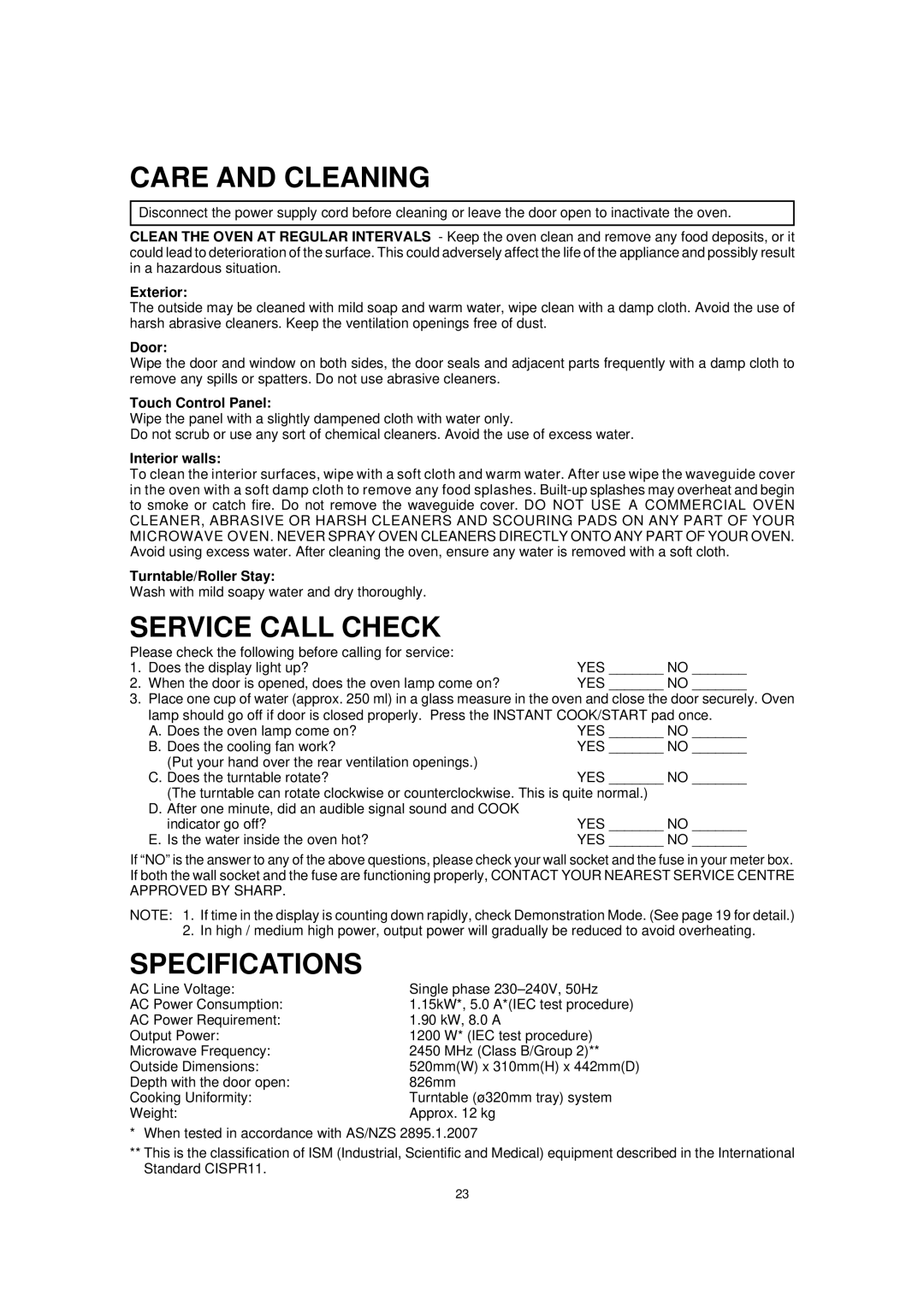 Sharp R395Y O/M, R-395Y(S) operation manual Care and Cleaning, Service Call Check, Specifications 