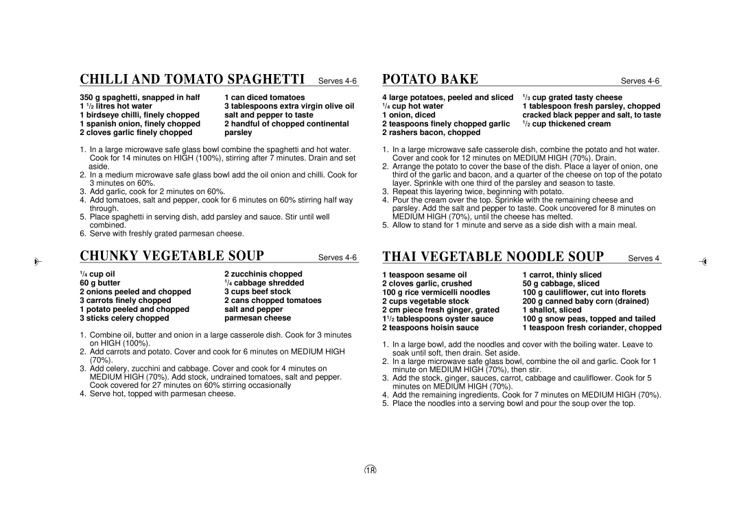 Sharp R-395Y(S) Chilli and Tomato Spaghetti Serves, Chunky Vegetable Soup, Potato Bake, Thai Vegetable Noodle Soup 