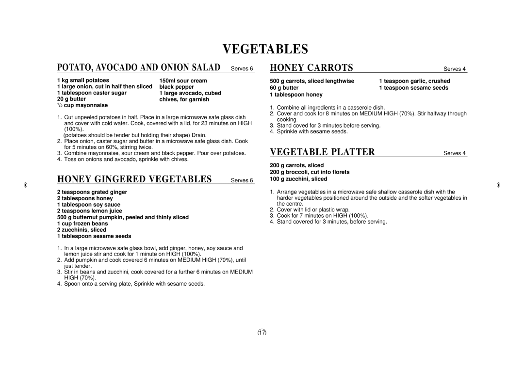 Sharp R395Y O/M, R-395Y(S) operation manual Honey Gingered Vegetables Serves, Honey Carrots, Vegetable Platter 