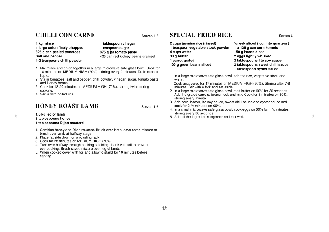 Sharp R395Y O/M, R-395Y(S) operation manual Chilli CON Carne, Honey Roast Lamb, Special Fried Rice 