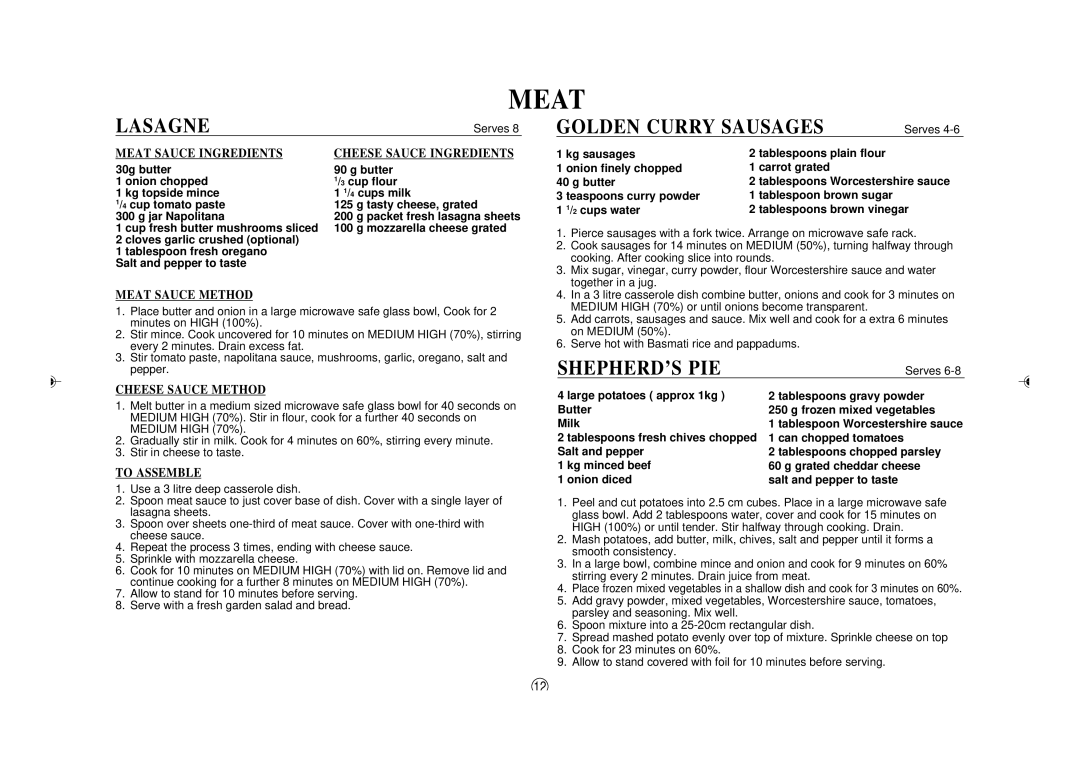 Sharp R-395Y(S), R395Y O/M operation manual Lasagne, Golden Curry Sausages, Shepherd’S Pie 