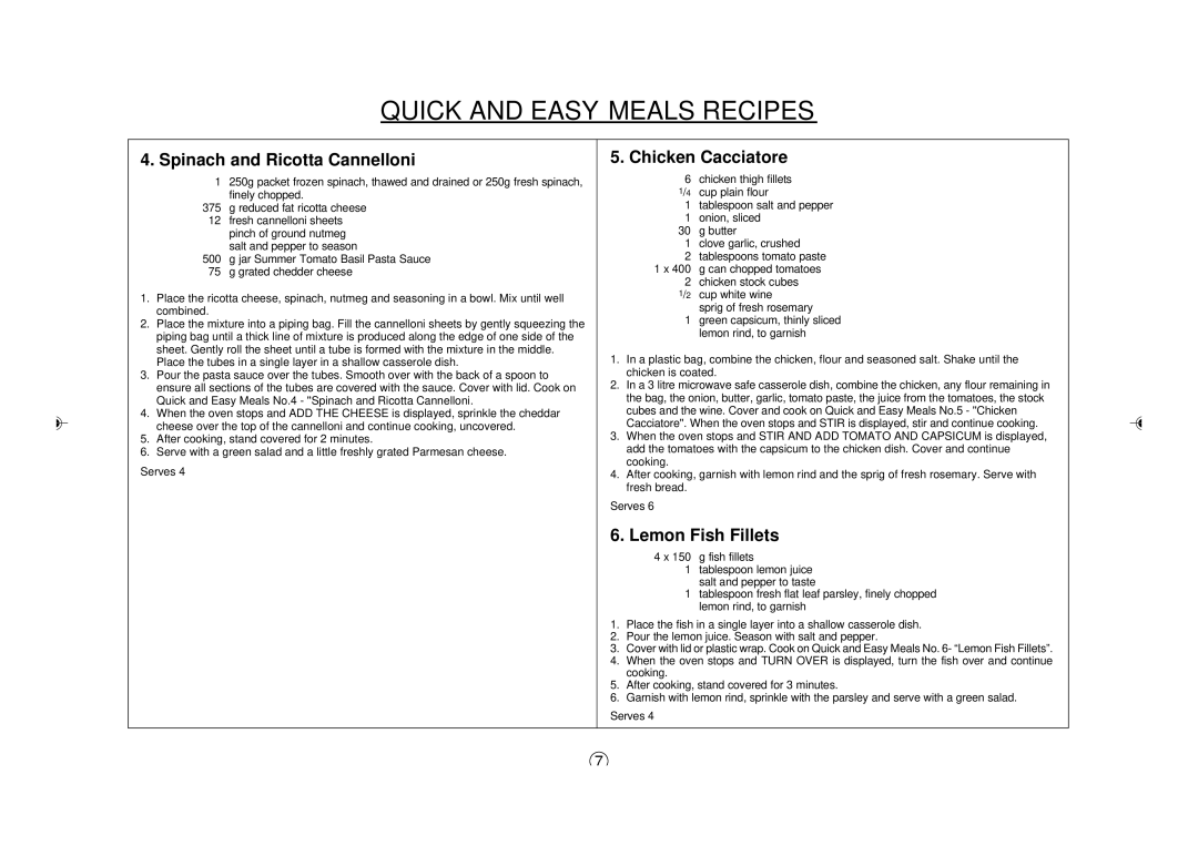 Sharp R395Y O/M, R-395Y(S) operation manual Quick and Easy Meals Recipes, Spinach and Ricotta Cannelloni 