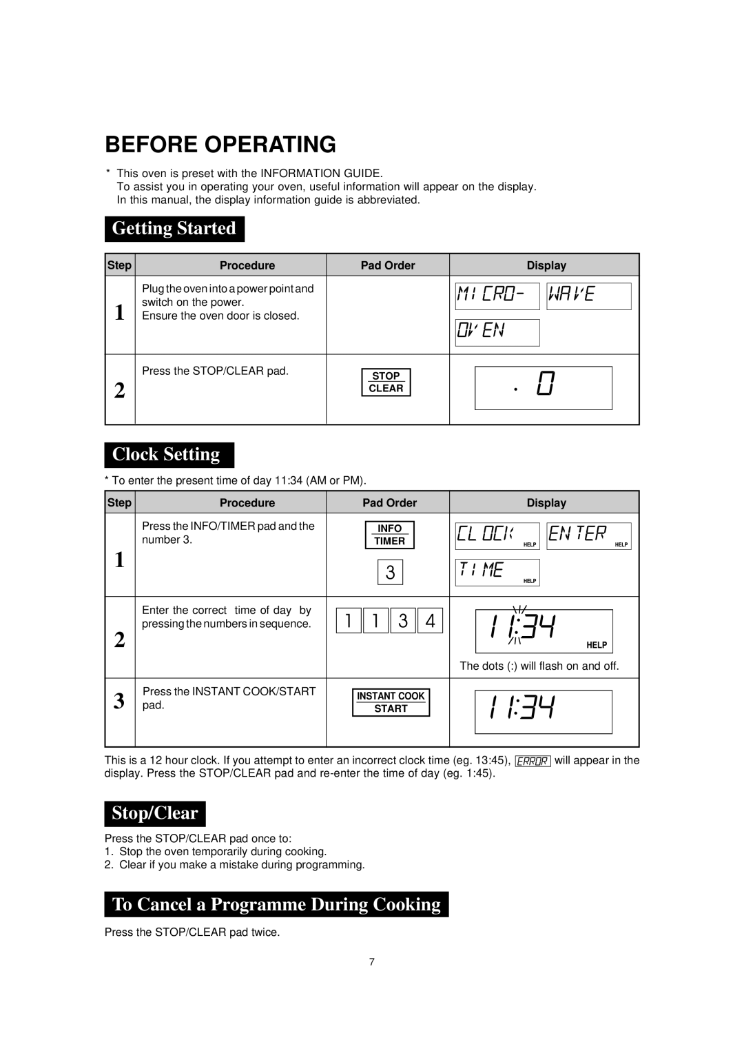 Sharp R395Y O/M Before Operating, Getting Started, Clock Setting, Stop/Clear, To Cancel a Programme During Cooking 