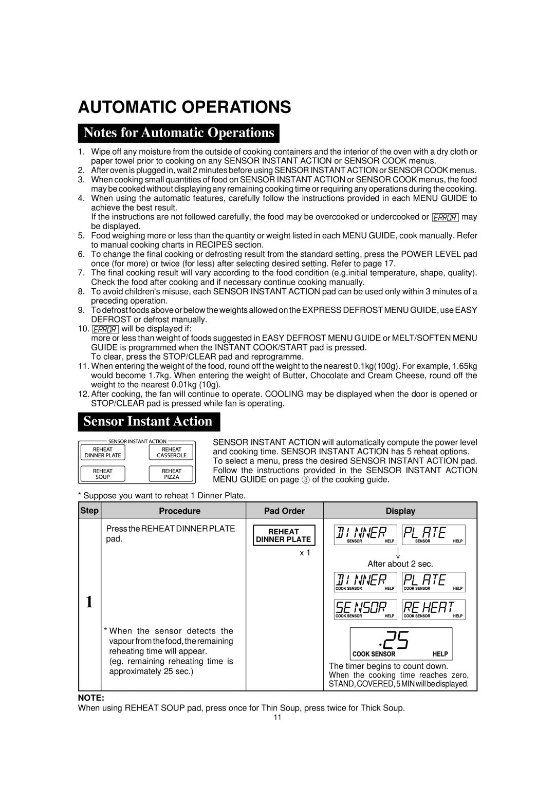Sharp R395Y O/M, R-395Y(S) operation manual Notes for Automatic Operations, Sensor Instant Action 
