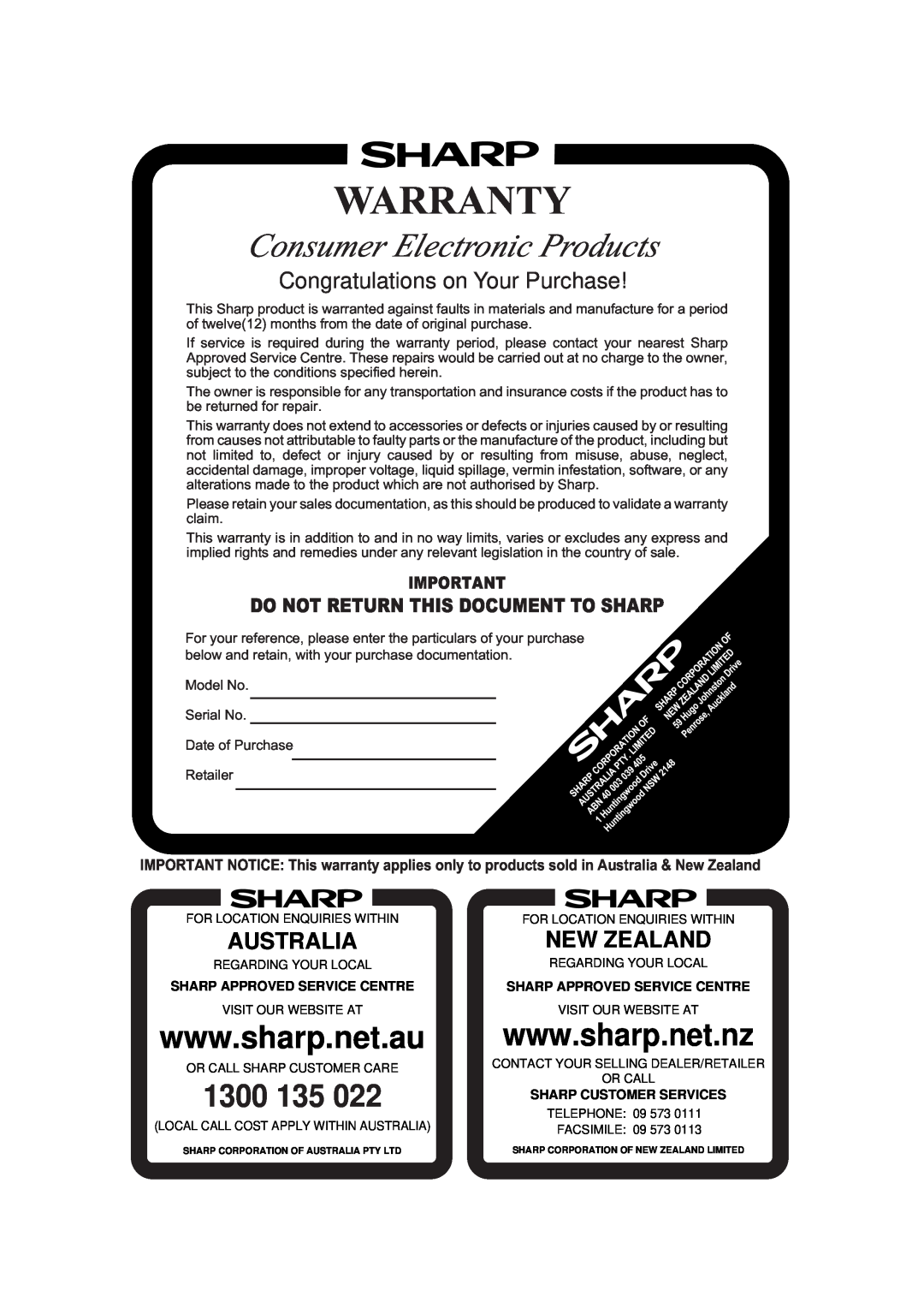 Sharp R-395Y(S) Australia, New Zealand, Warranty, Consumer Electronic Products, 1300, Congratulations on Your Purchase 