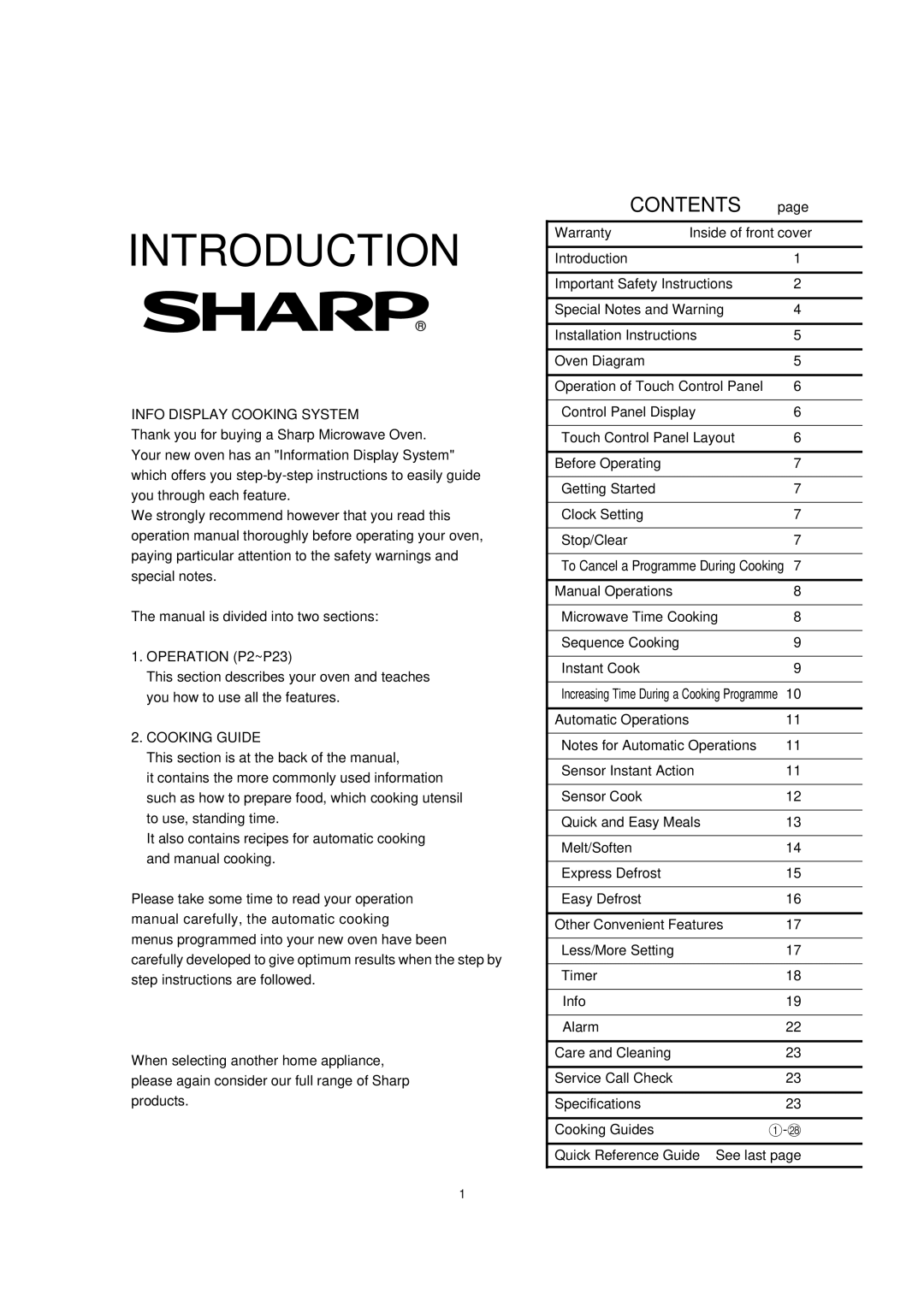 Sharp R395Y O/M, R-395Y(S) operation manual Introduction, Contents 