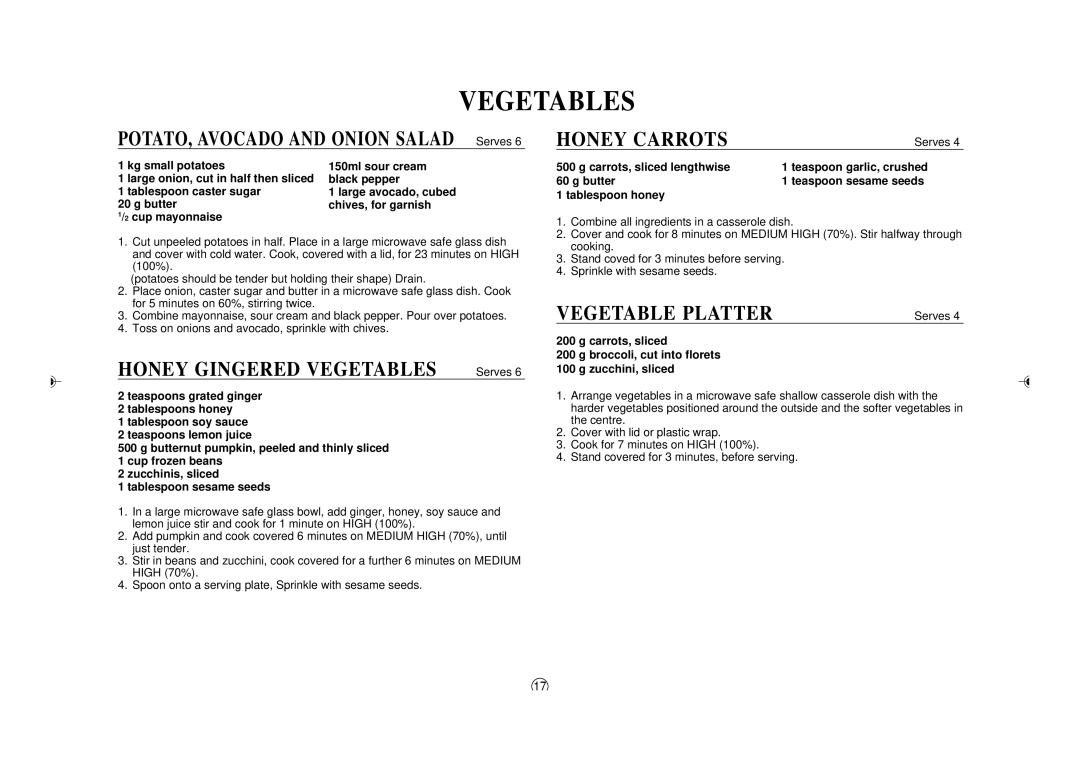 Sharp R395Y O/M, R-395Y(S) operation manual Vegetables, HONEY GINGERED VEGETABLES Serves, Honey Carrots, Vegetable Platter 