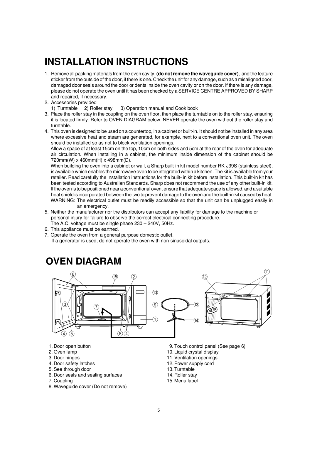 Sharp R395Y O/M, R-395Y(S) operation manual Installation Instructions, Oven Diagram 