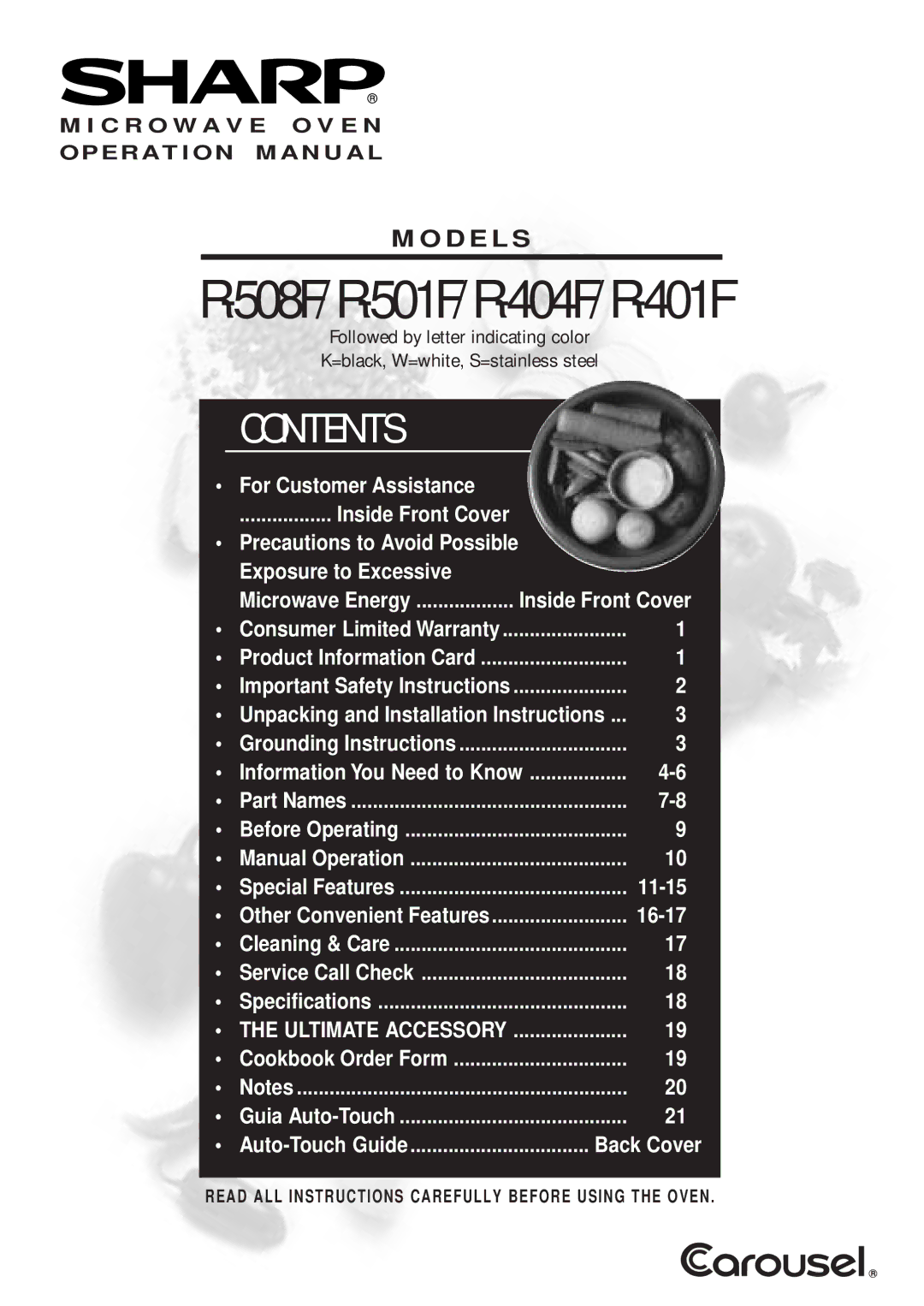 Sharp R-404F, R-401F, R-501F, R-508F warranty N T E N T S, Models 