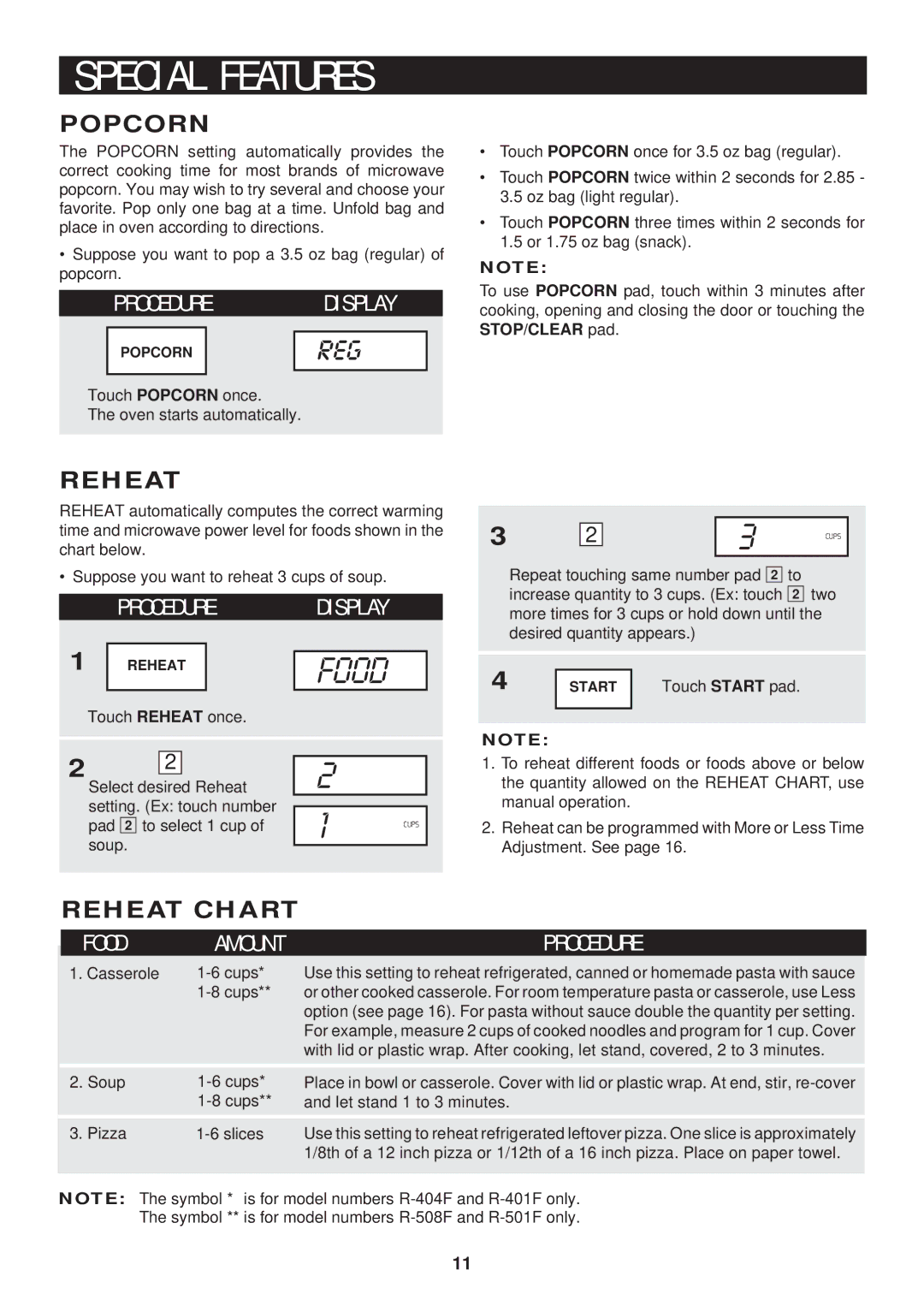 Sharp R-404F, R-401F, R-501F, R-508F warranty E C I a L F E a T U R E S, Popcorn, Reheat Chart, Soup 