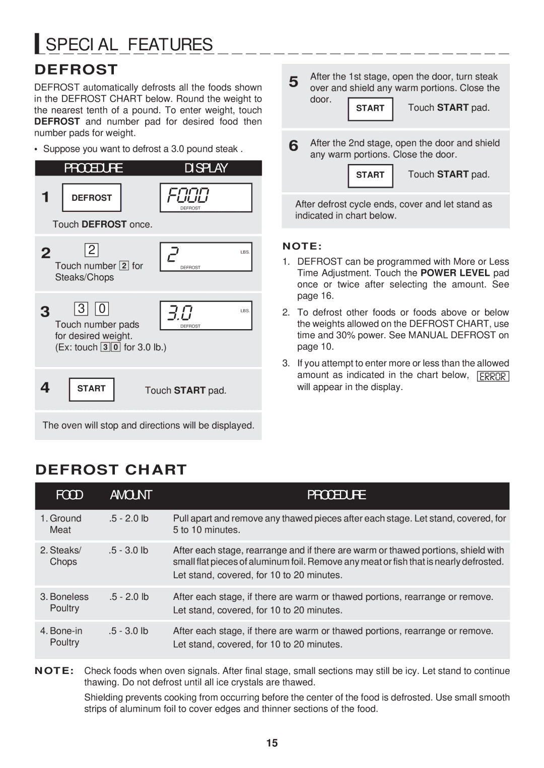 Sharp R-404F, R-401F, R-501F, R-508F warranty Defrost Chart 