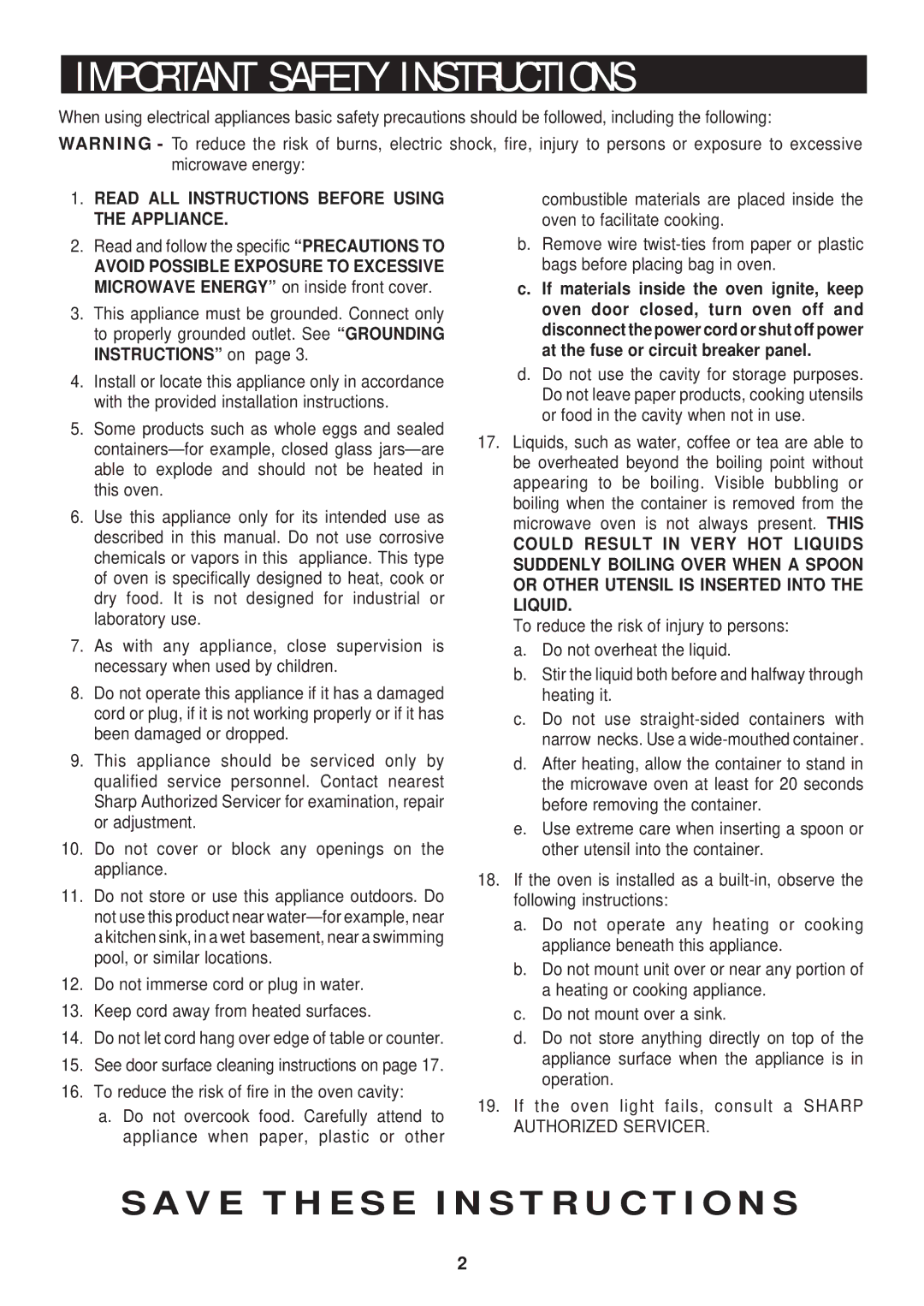 Sharp R-401F, R-404F, R-501F P O R T a N T S a F E T Y I N S T R U C T I O N S, Read and follow the specific Precautions to 