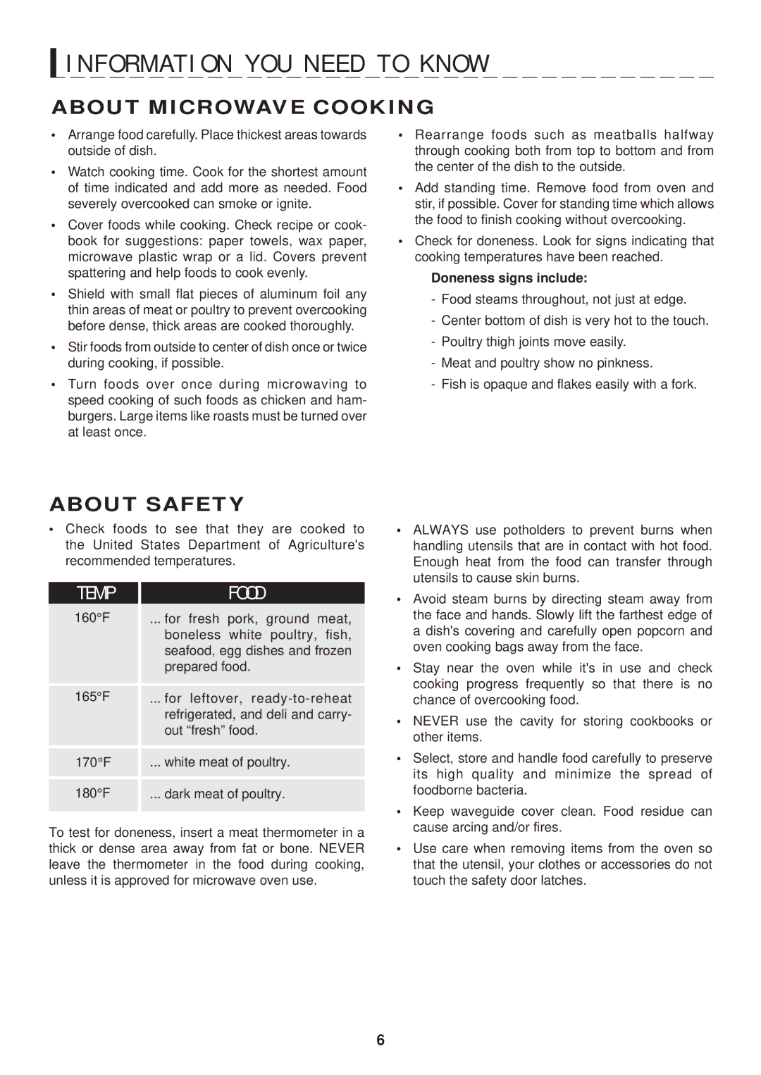 Sharp R-401F, R-404F, R-501F, R-508F warranty About Microwave Cooking, About Safety, Doneness signs include 